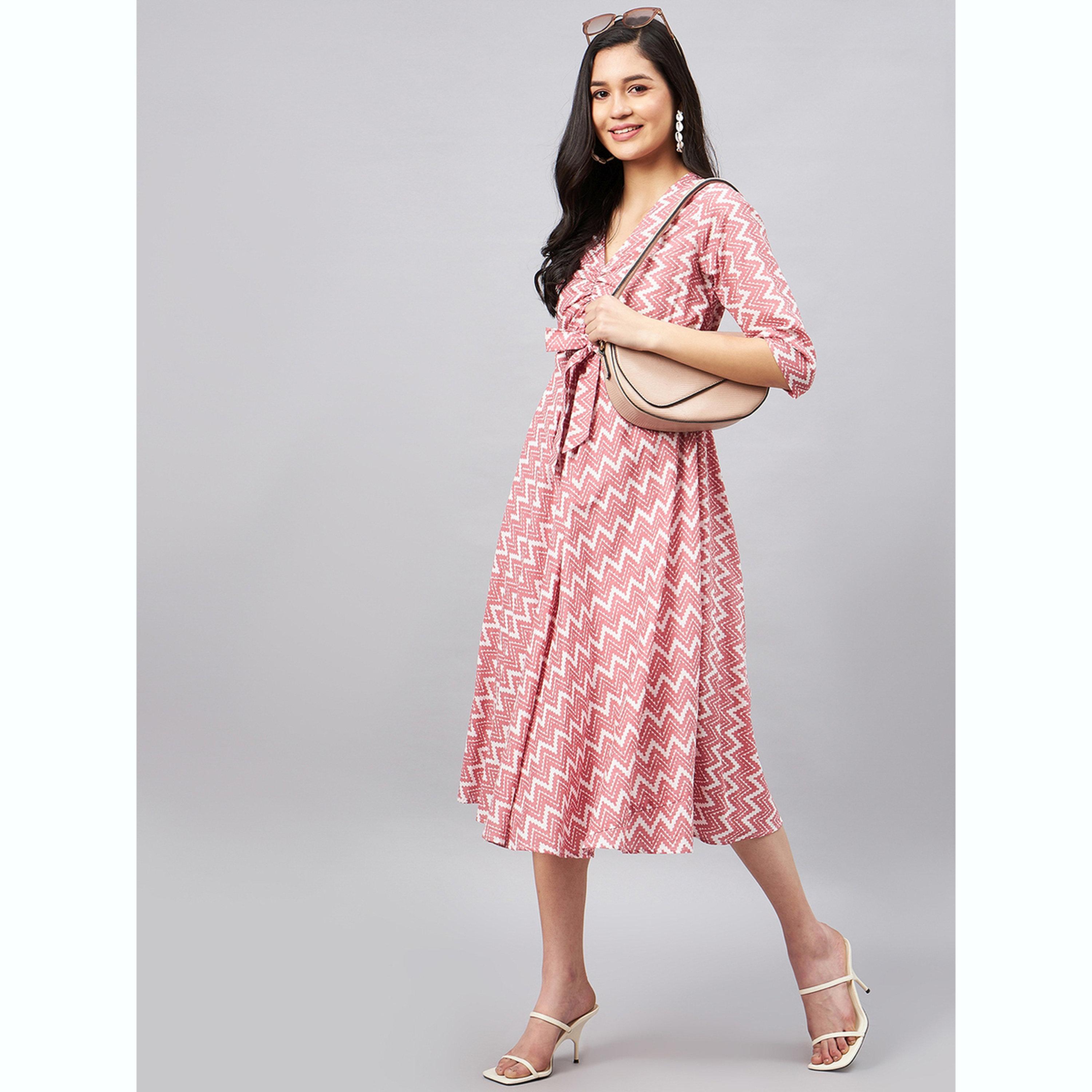 فستان ميدي بعقدة أمامية مطبوع بنمط متعرج-women-clothing-dresses-image-2