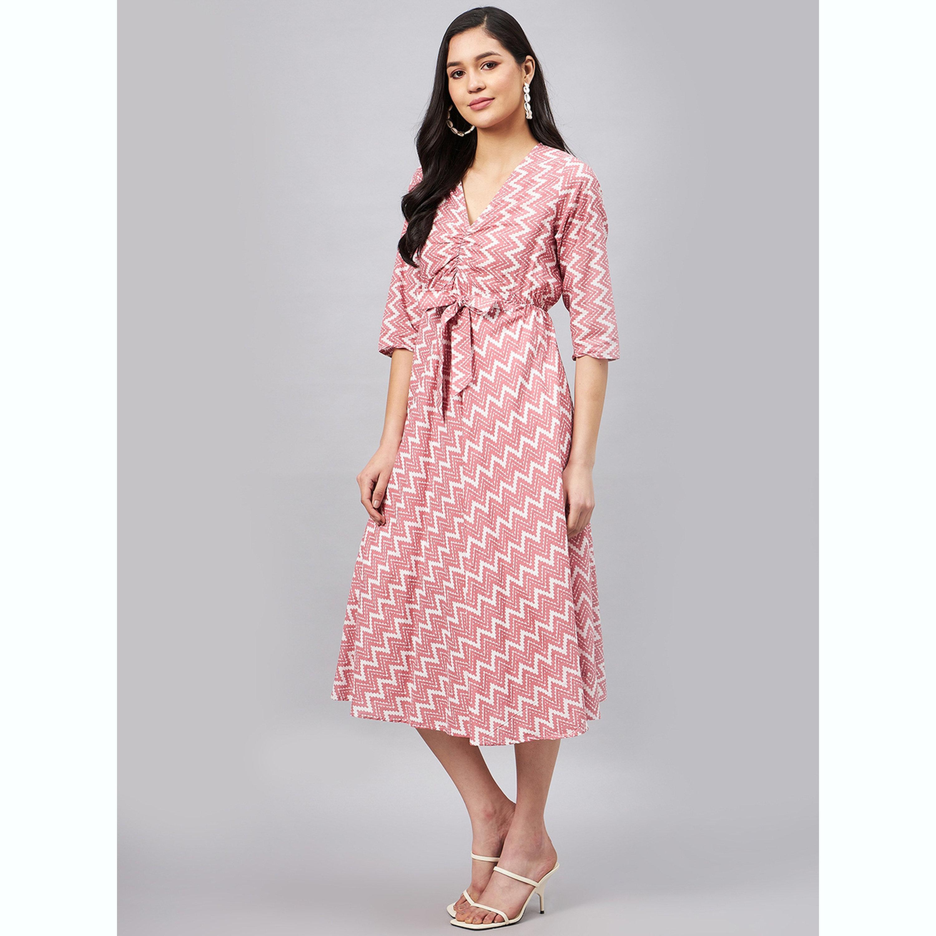 فستان ميدي بعقدة أمامية مطبوع بنمط متعرج-women-clothing-dresses-image-3