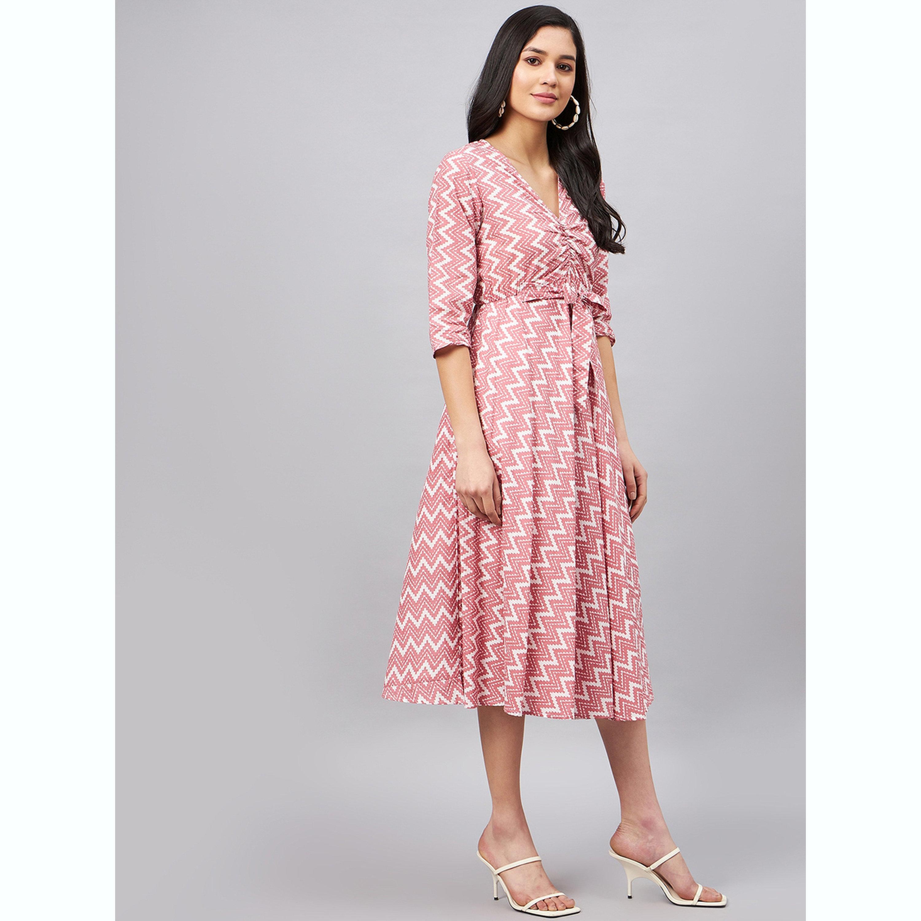 فستان ميدي بعقدة أمامية مطبوع بنمط متعرج-women-clothing-dresses-image-4