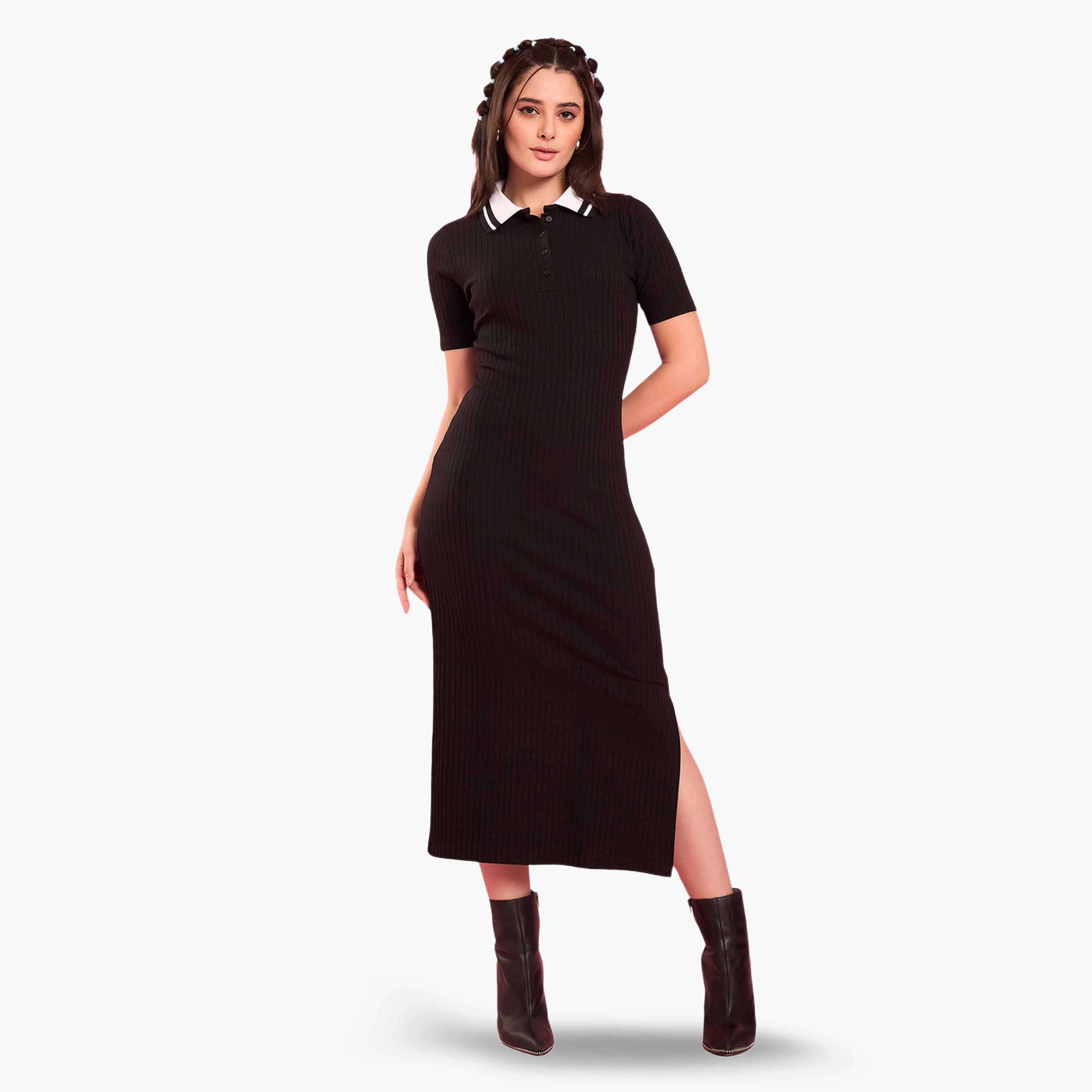 فستان ميدي تريكو مضلع بياقة وقصة ضيقة-women-clothing-dresses-image-1
