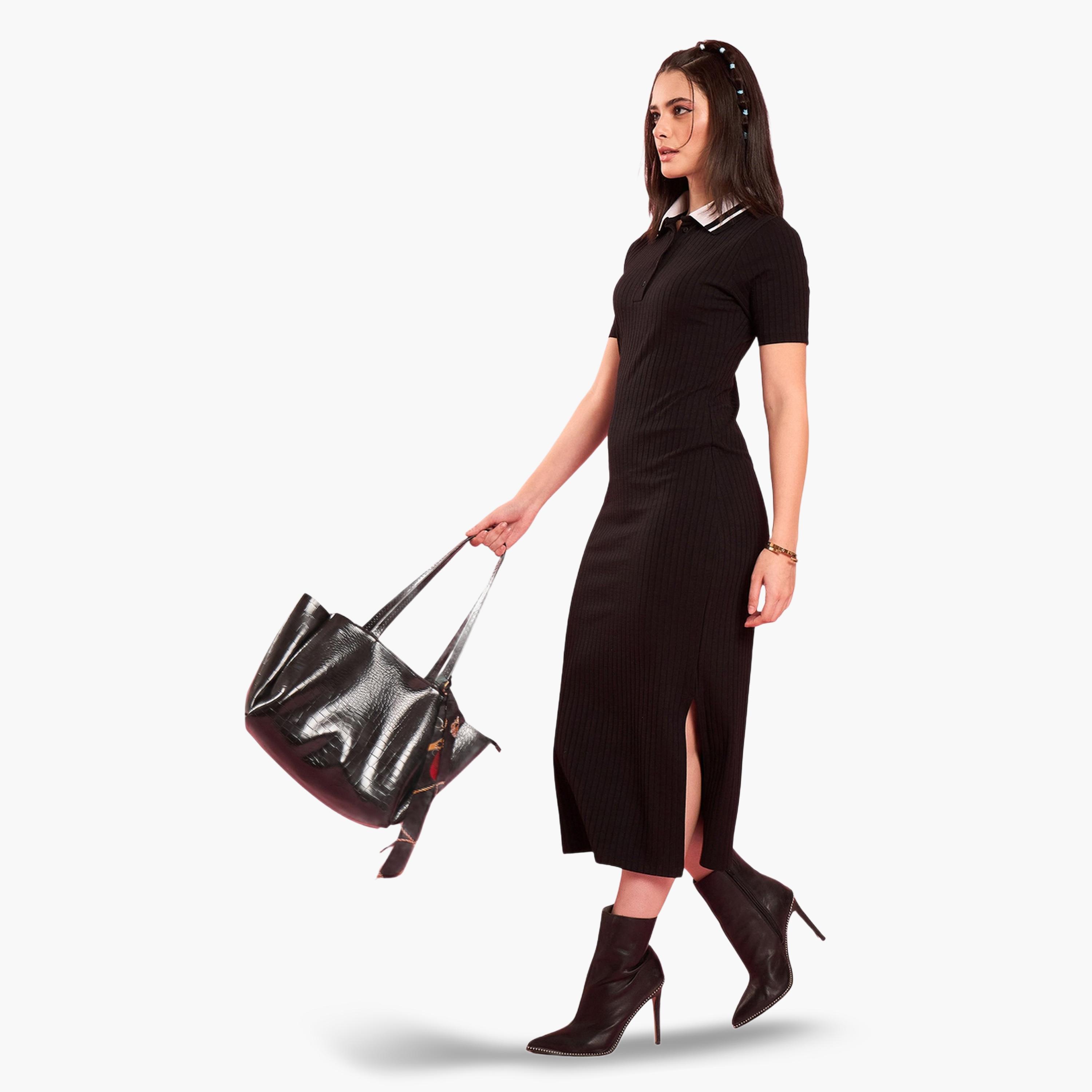 فستان ميدي تريكو مضلع بياقة وقصة ضيقة-women-clothing-dresses-image-2