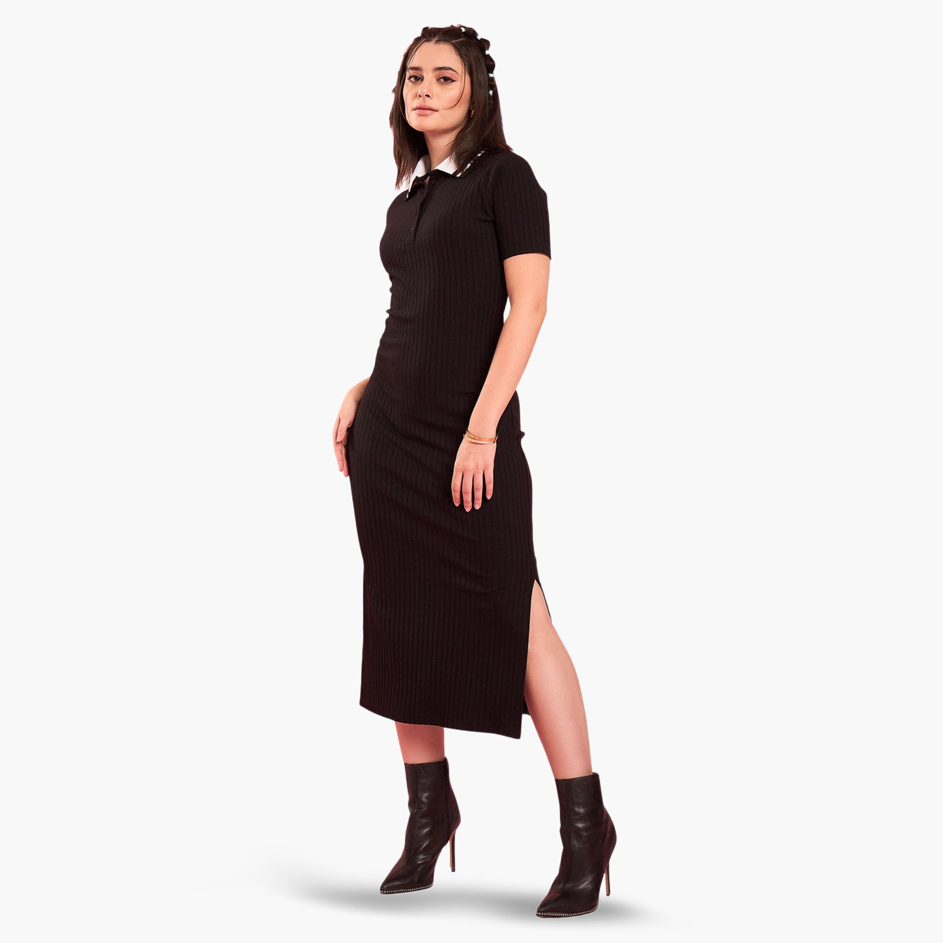 فستان ميدي تريكو مضلع بياقة وقصة ضيقة-women-clothing-dresses-image-3