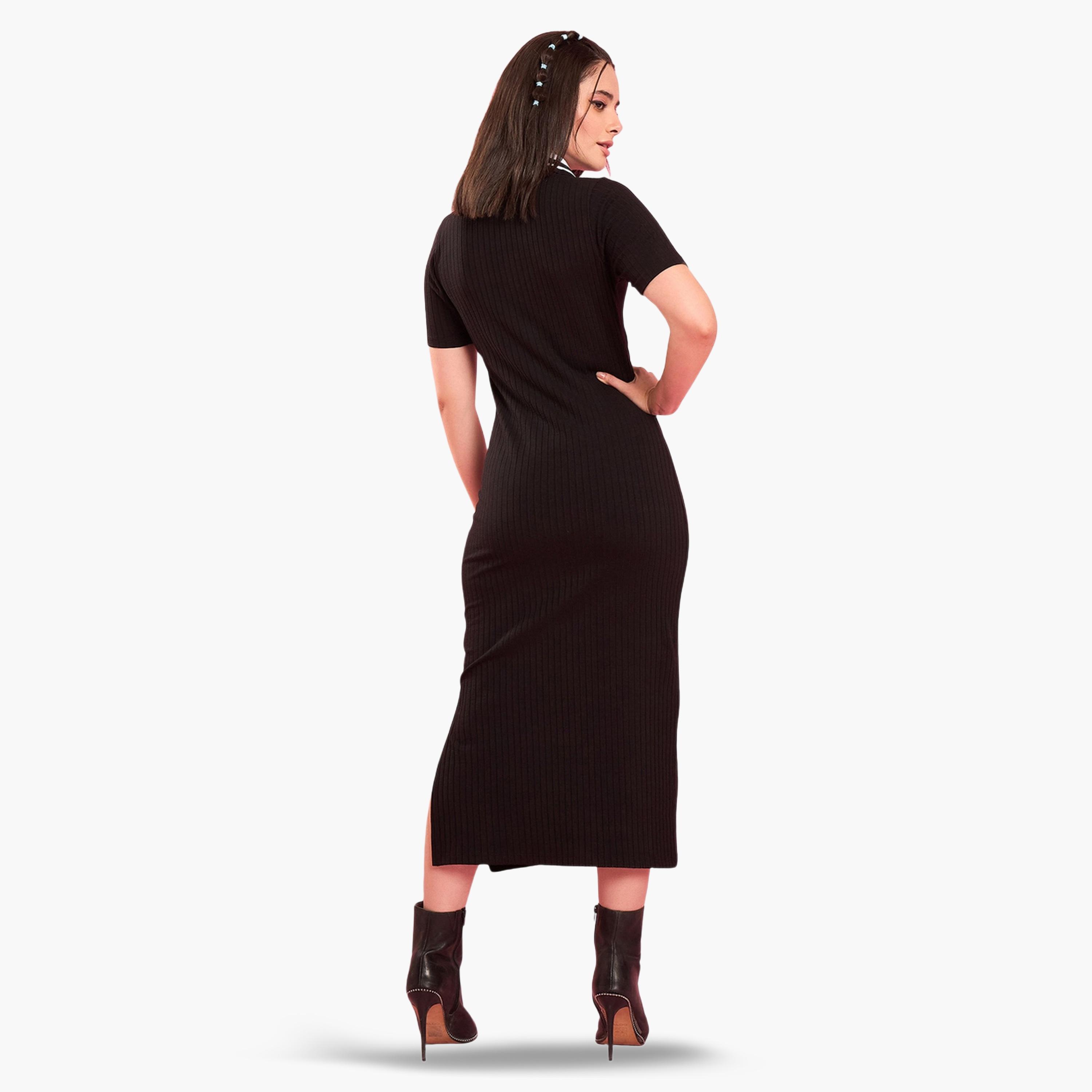 فستان ميدي تريكو مضلع بياقة وقصة ضيقة-women-clothing-dresses-image-4