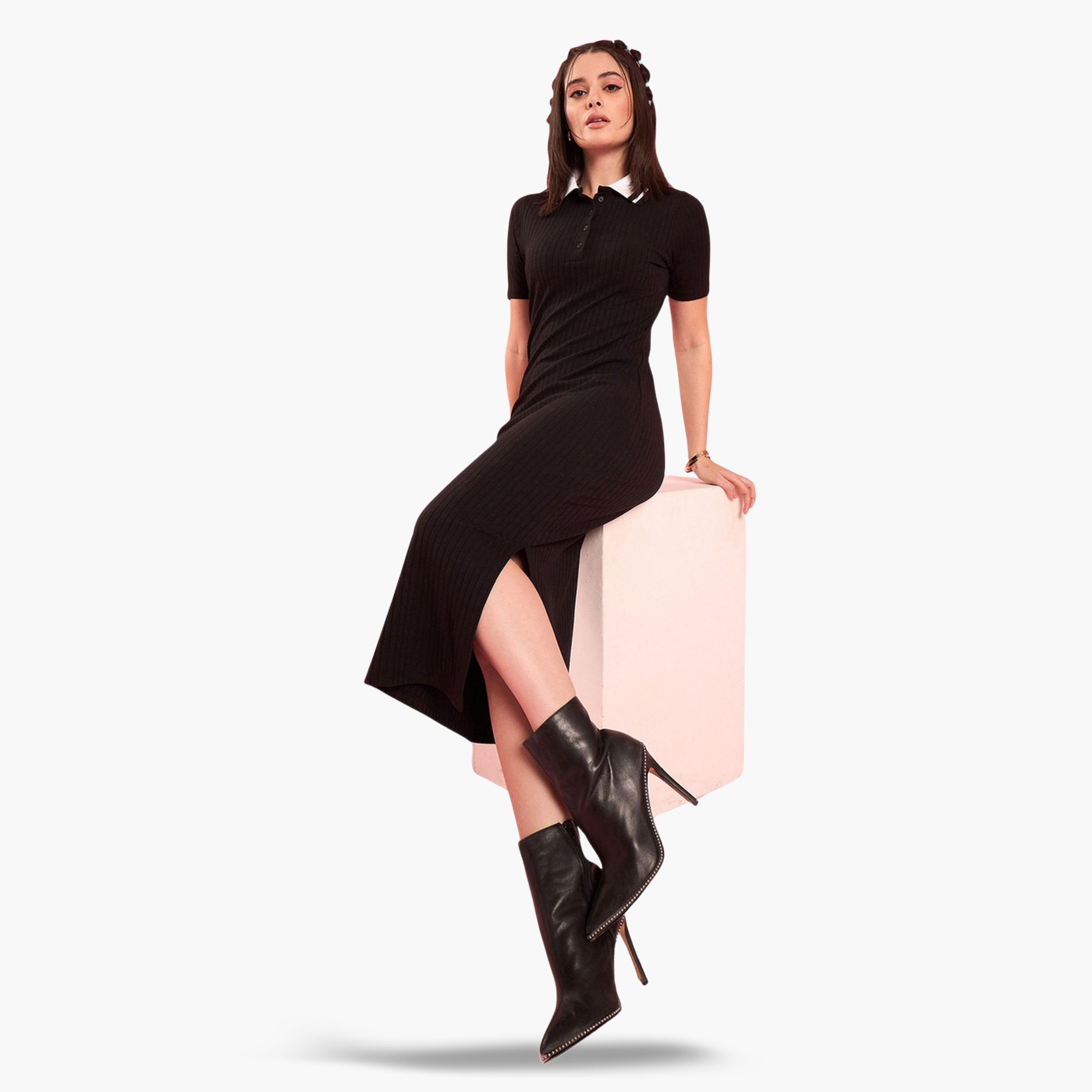 فستان ميدي تريكو مضلع بياقة وقصة ضيقة-women-clothing-dresses-image-5