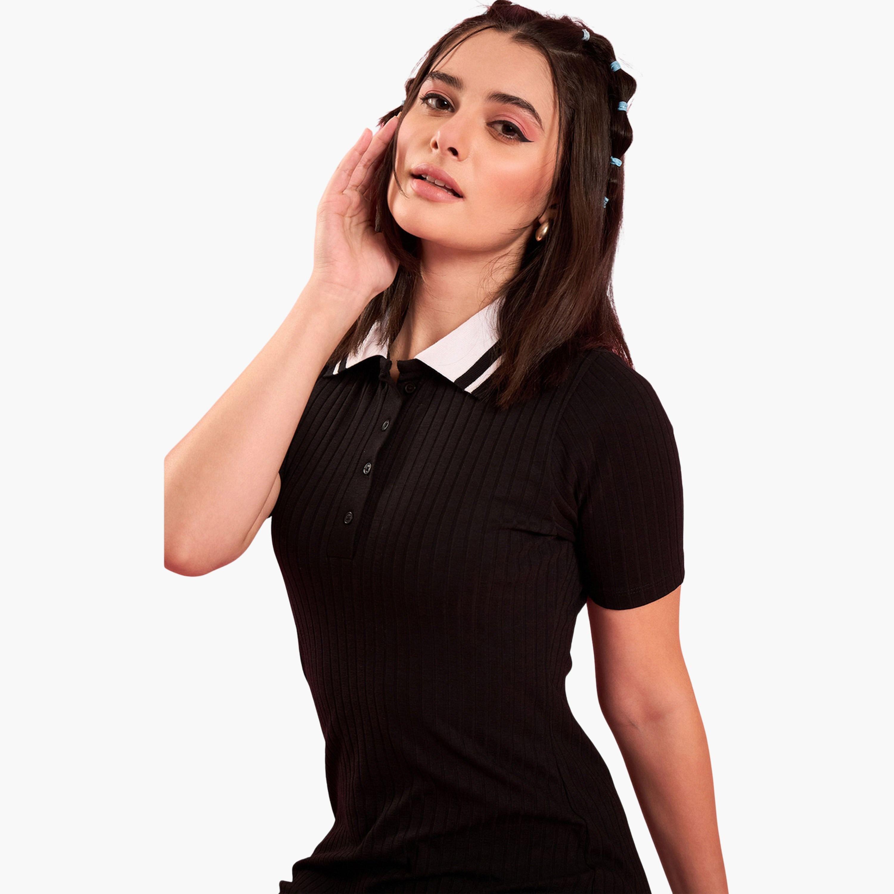 فستان ميدي تريكو مضلع بياقة وقصة ضيقة-women-clothing-dresses-image-6