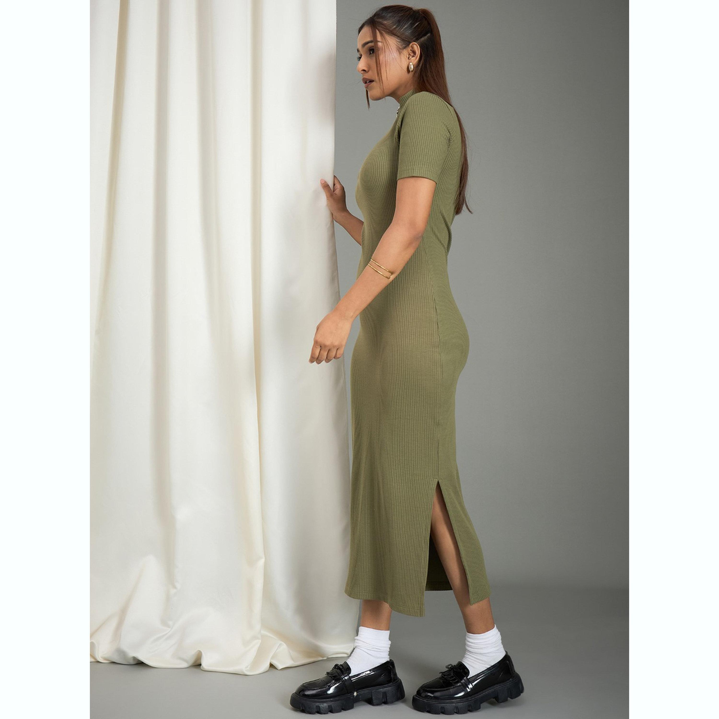 WineRed X Styli Women Olive Ribbed Midi Bodycon Dress-women-clothing-dresses-image-2