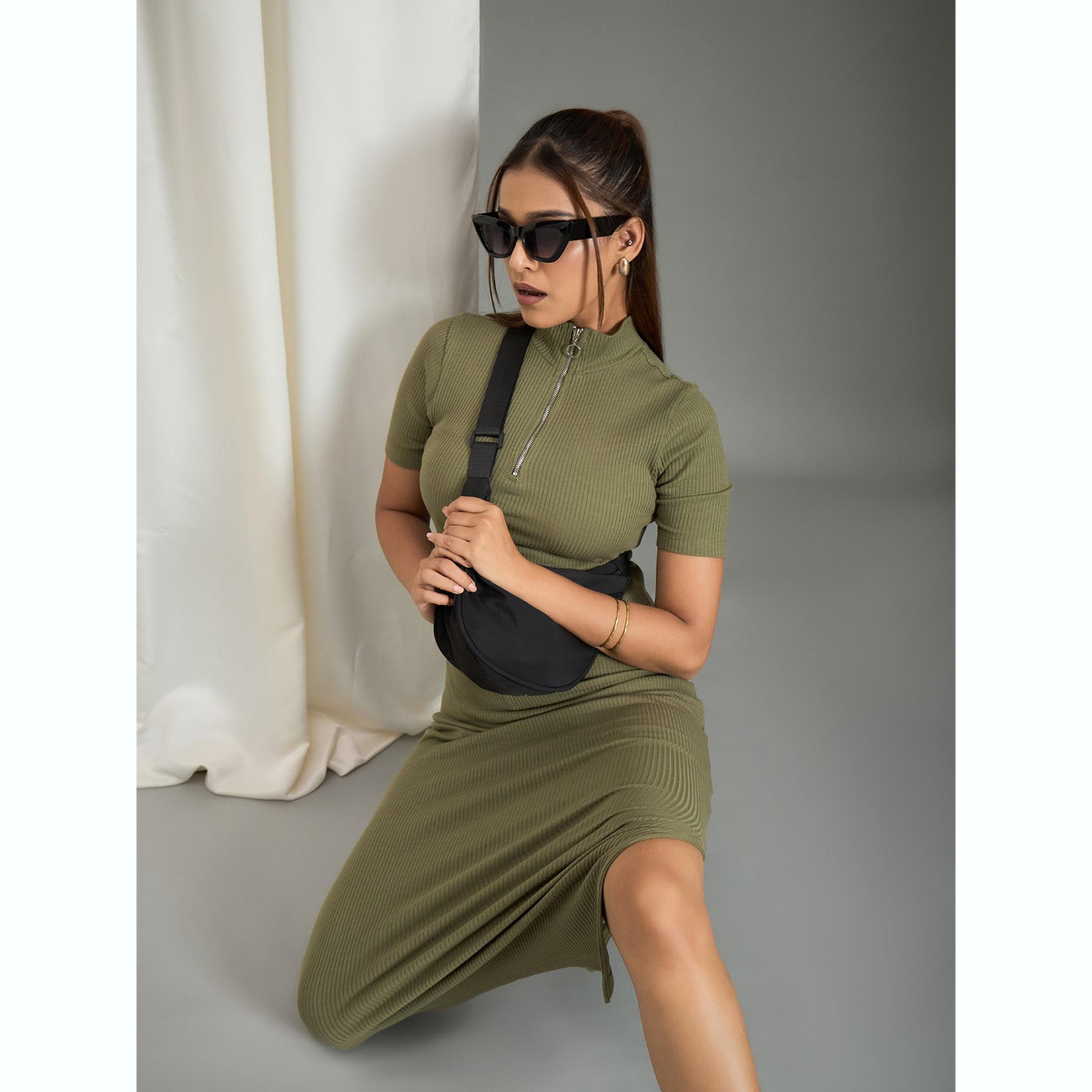 WineRed X Styli Women Olive Ribbed Midi Bodycon Dress-women-clothing-dresses-image-3