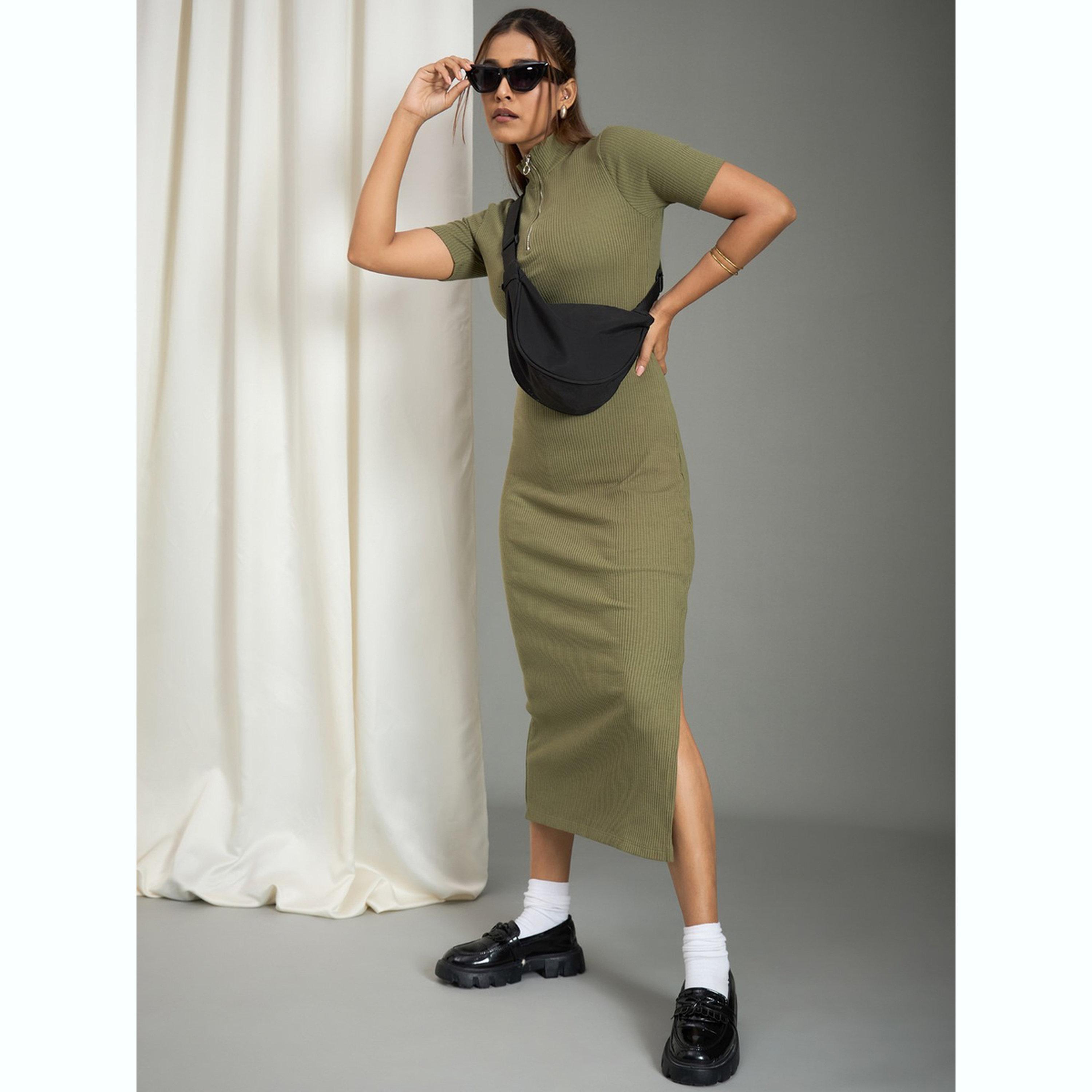 WineRed X Styli Women Olive Ribbed Midi Bodycon Dress-women-clothing-dresses-image-4