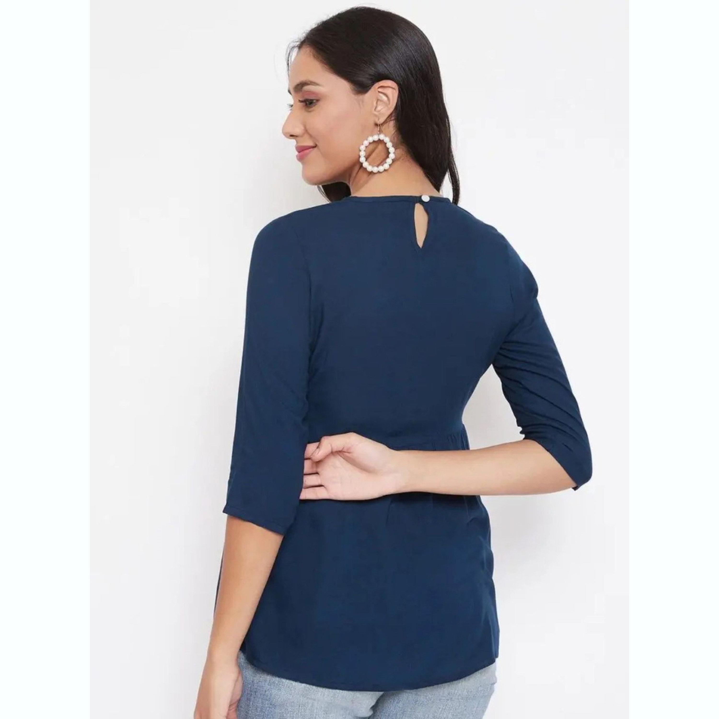 واين ريد × ستايلي - بلوزة زرقاء داكنة مطرزة من قماش الرايون تصميم A للنساء-women-clothing-shirtsandblouses-blouses-image-3