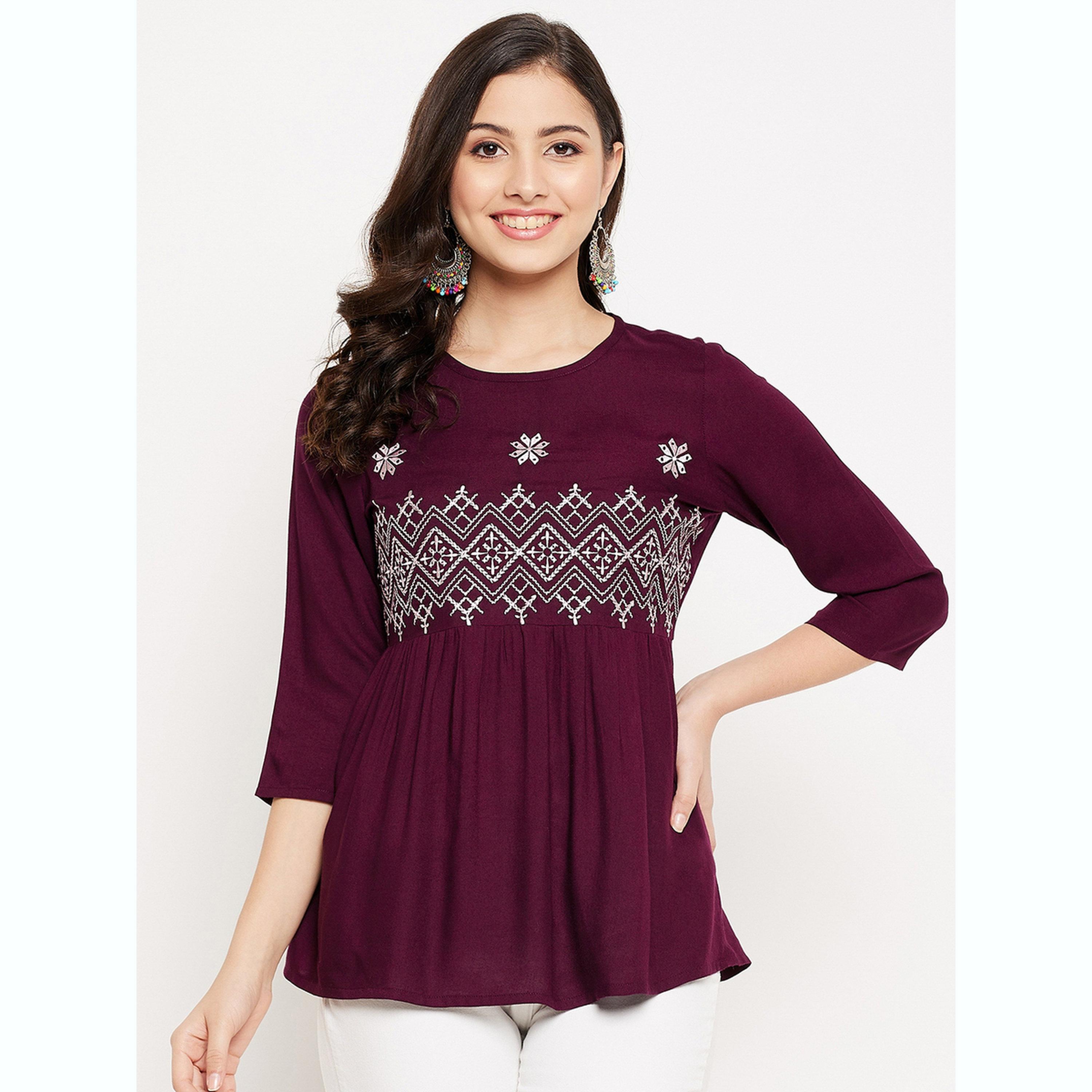 واين ريد × ستايلي - بلوزة أرجوانية مطرزة من قماش الرايون بتصميم بيبلوم للنساء-women-clothing-shirtsandblouses-blouses-image-1