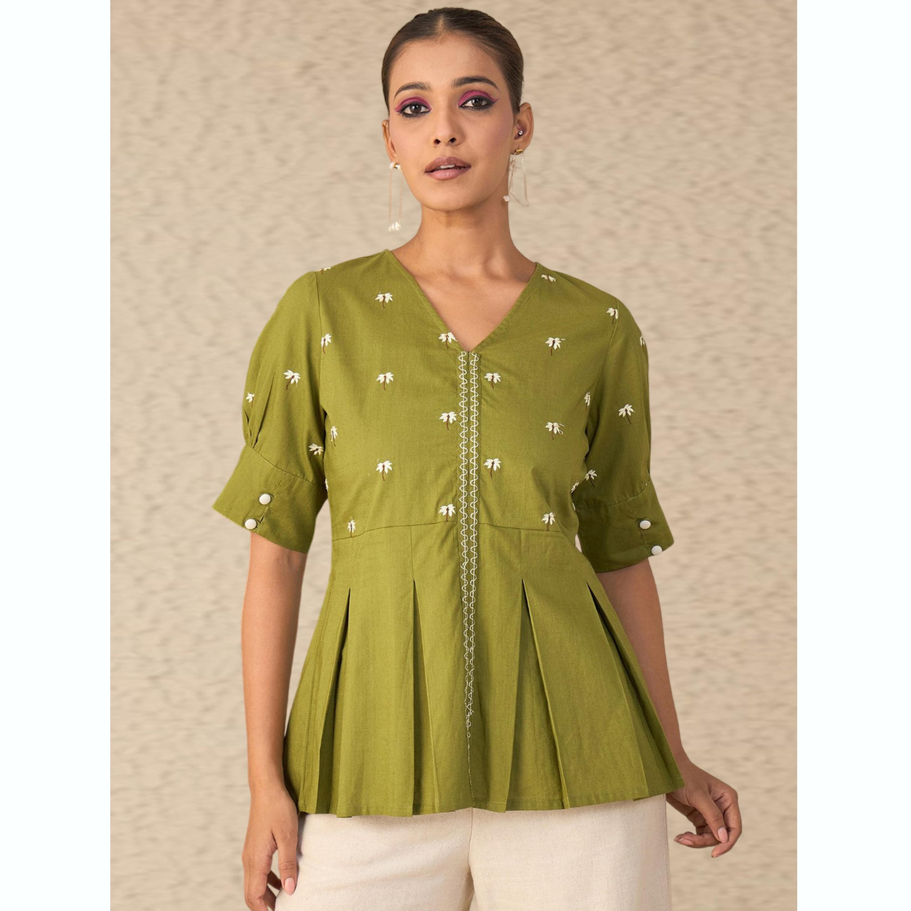واين ريد × ستايلي - بلوزة خضراء مطرزة بكسرات صندوقية للنساء-women-clothing-shirtsandblouses-blouses-image-1