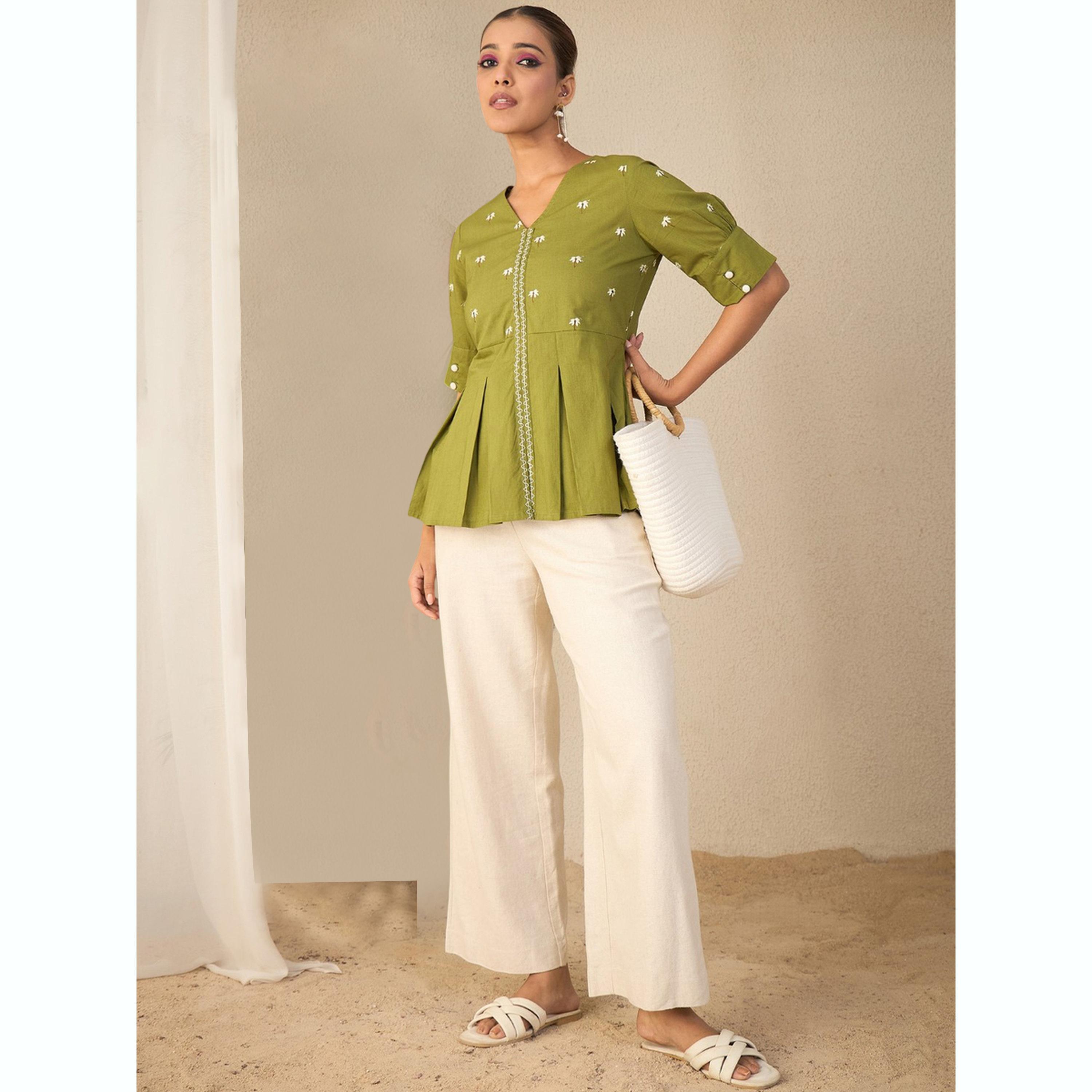واين ريد × ستايلي - بلوزة خضراء مطرزة بكسرات صندوقية للنساء-women-clothing-shirtsandblouses-blouses-image-2