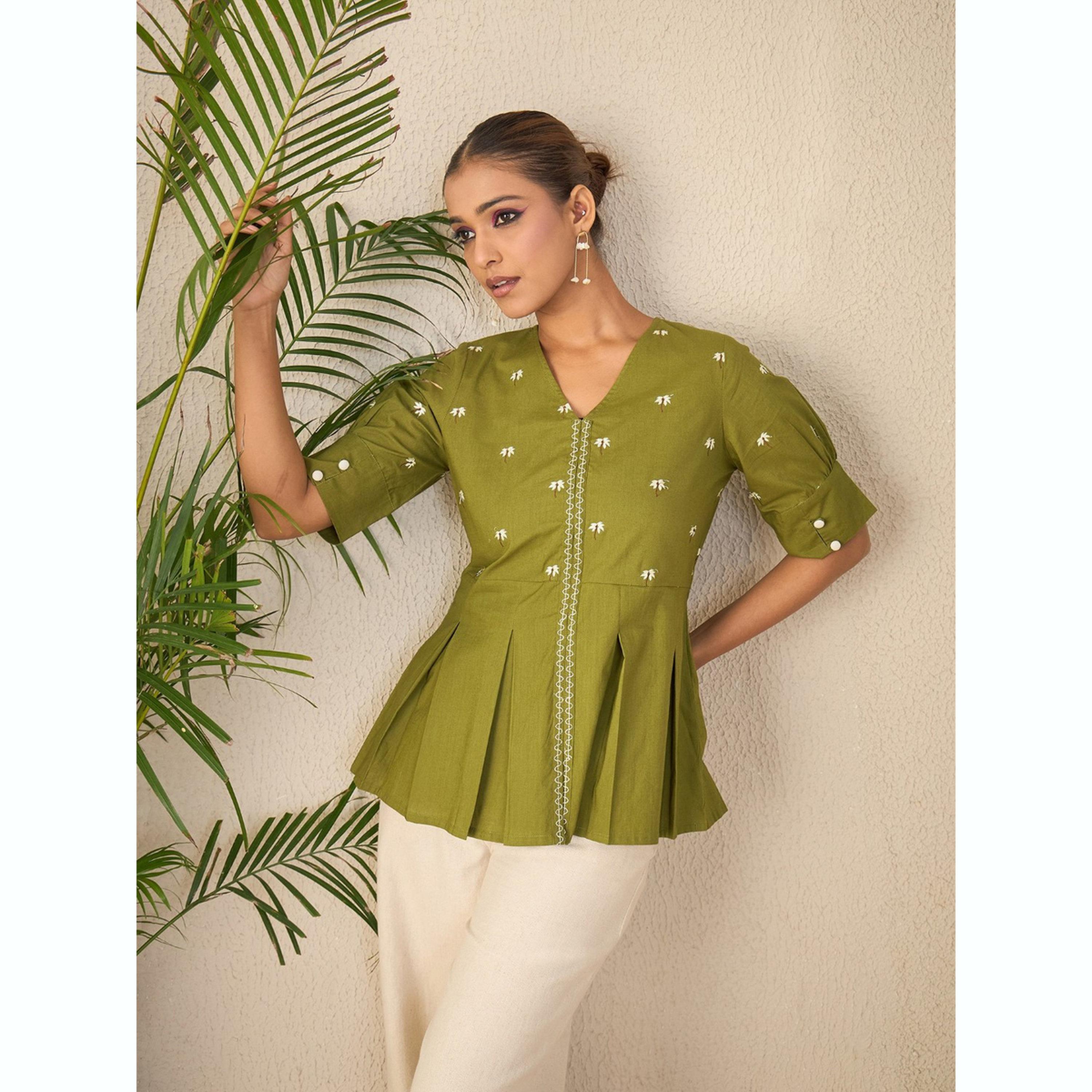 واين ريد × ستايلي - بلوزة خضراء مطرزة بكسرات صندوقية للنساء-women-clothing-shirtsandblouses-blouses-image-3
