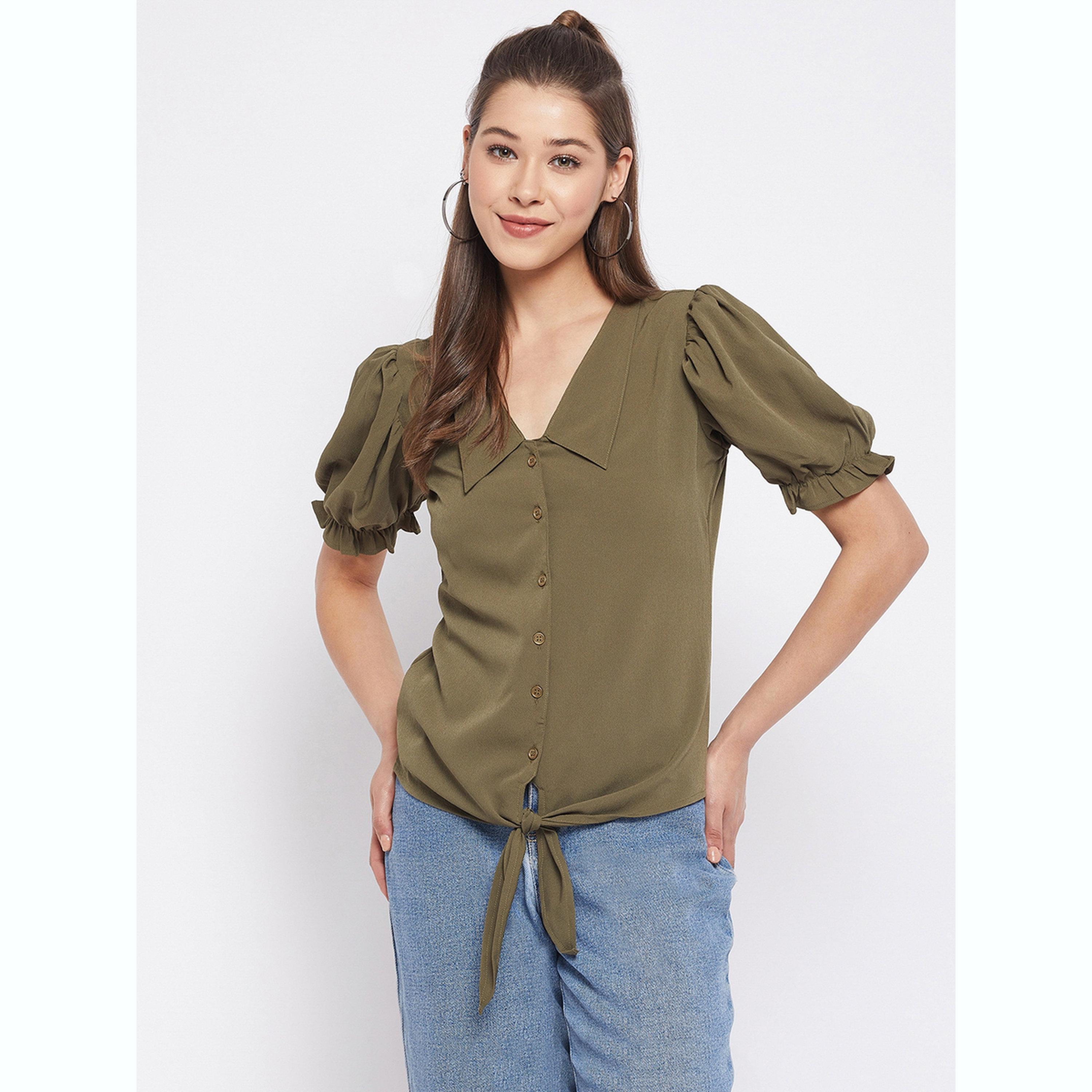 واين ريد × ستايلي - بلوزة بأزرار أمامية باللون الأخضر الزيتوني للنساء-women-clothing-shirtsandblouses-blouses-image-1