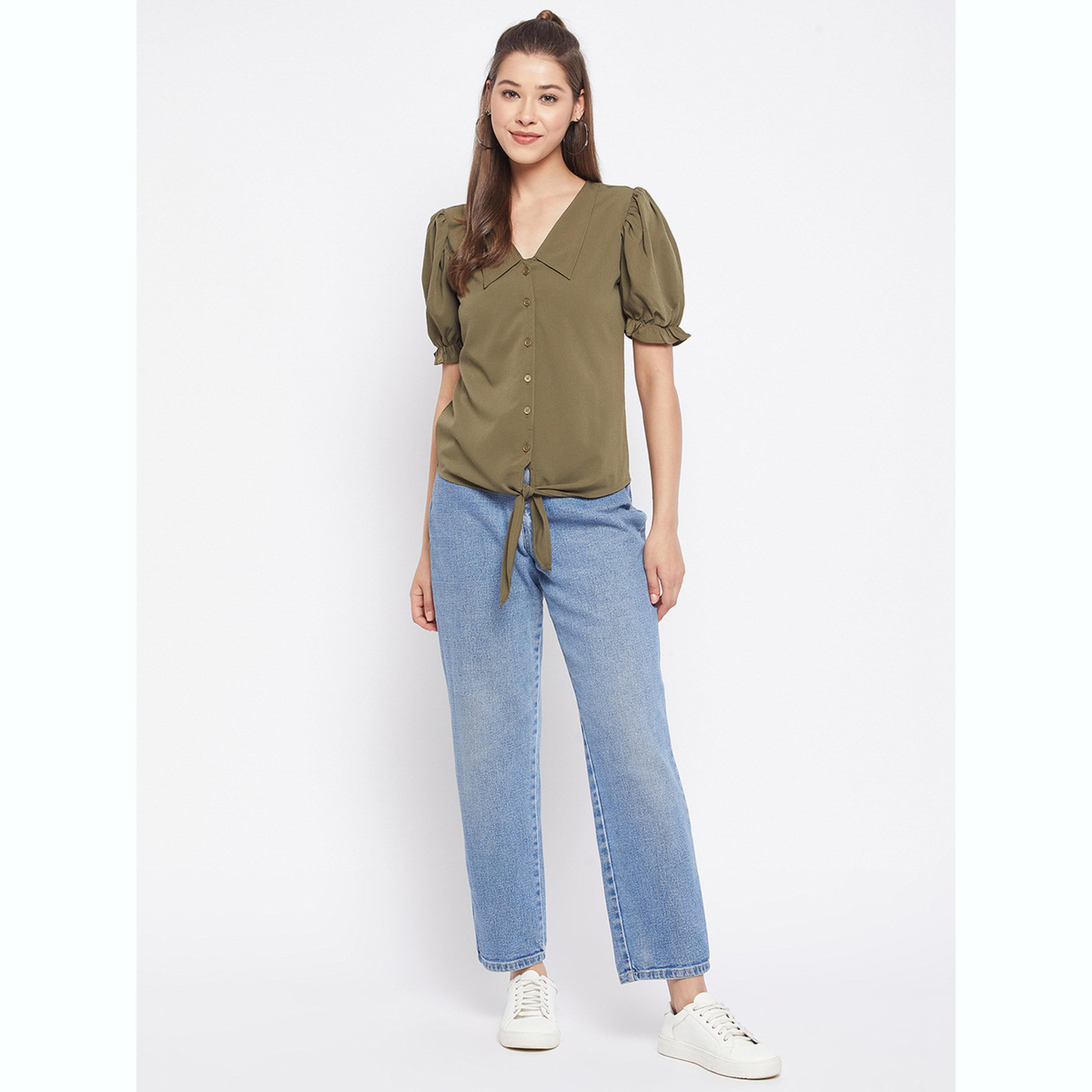 واين ريد × ستايلي - بلوزة بأزرار أمامية باللون الأخضر الزيتوني للنساء-women-clothing-shirtsandblouses-blouses-image-2