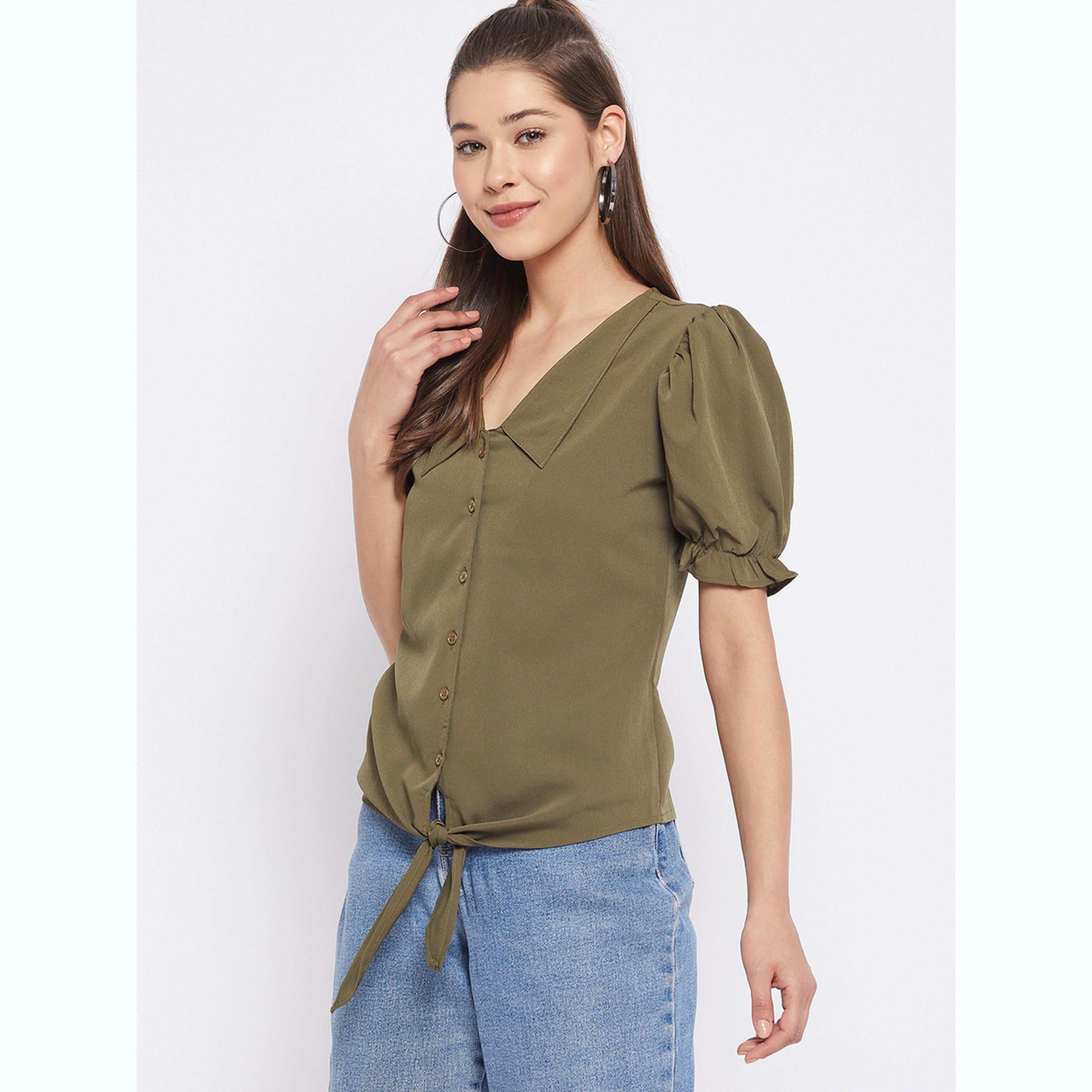 واين ريد × ستايلي - بلوزة بأزرار أمامية باللون الأخضر الزيتوني للنساء-women-clothing-shirtsandblouses-blouses-image-3