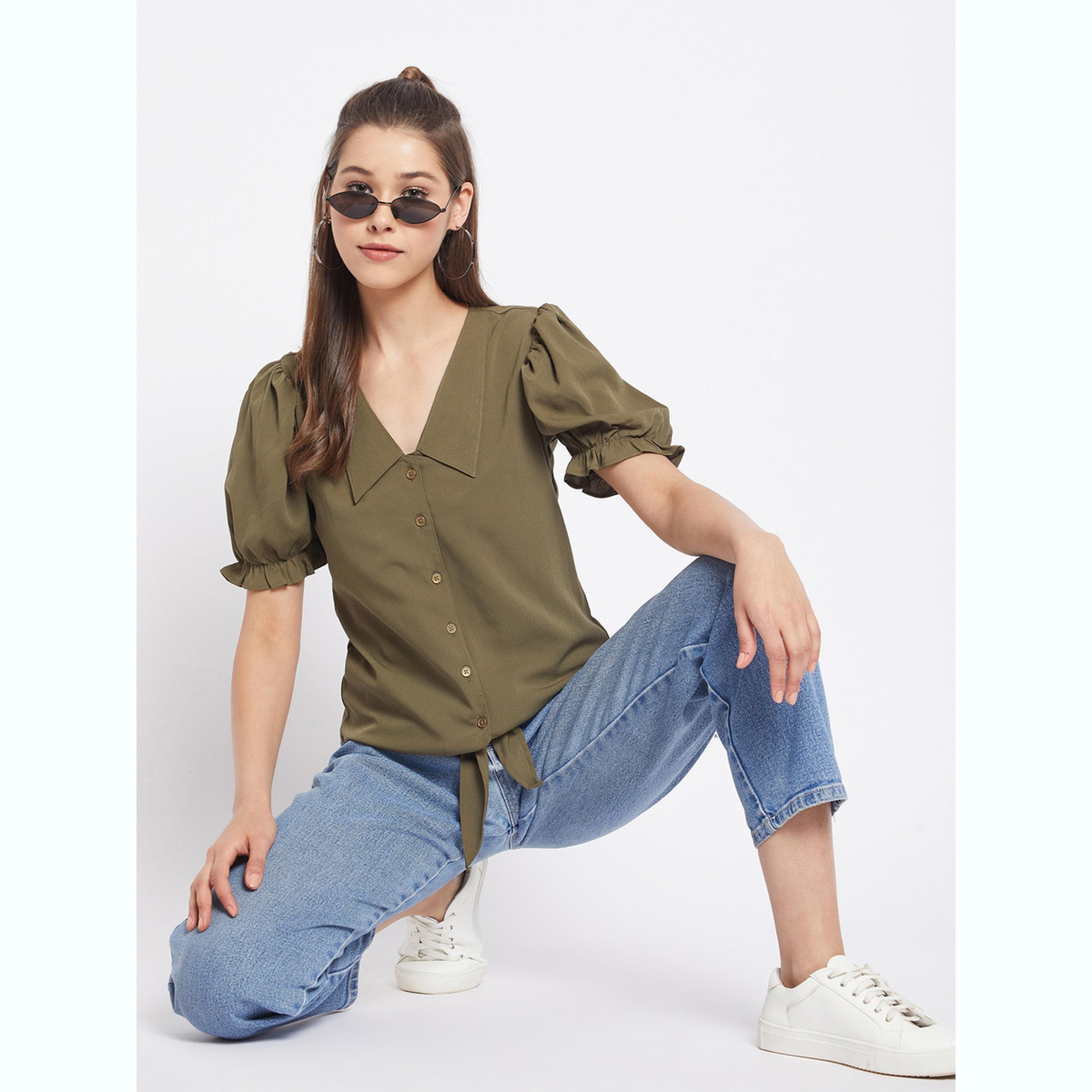 واين ريد × ستايلي - بلوزة بأزرار أمامية باللون الأخضر الزيتوني للنساء-women-clothing-shirtsandblouses-blouses-image-5