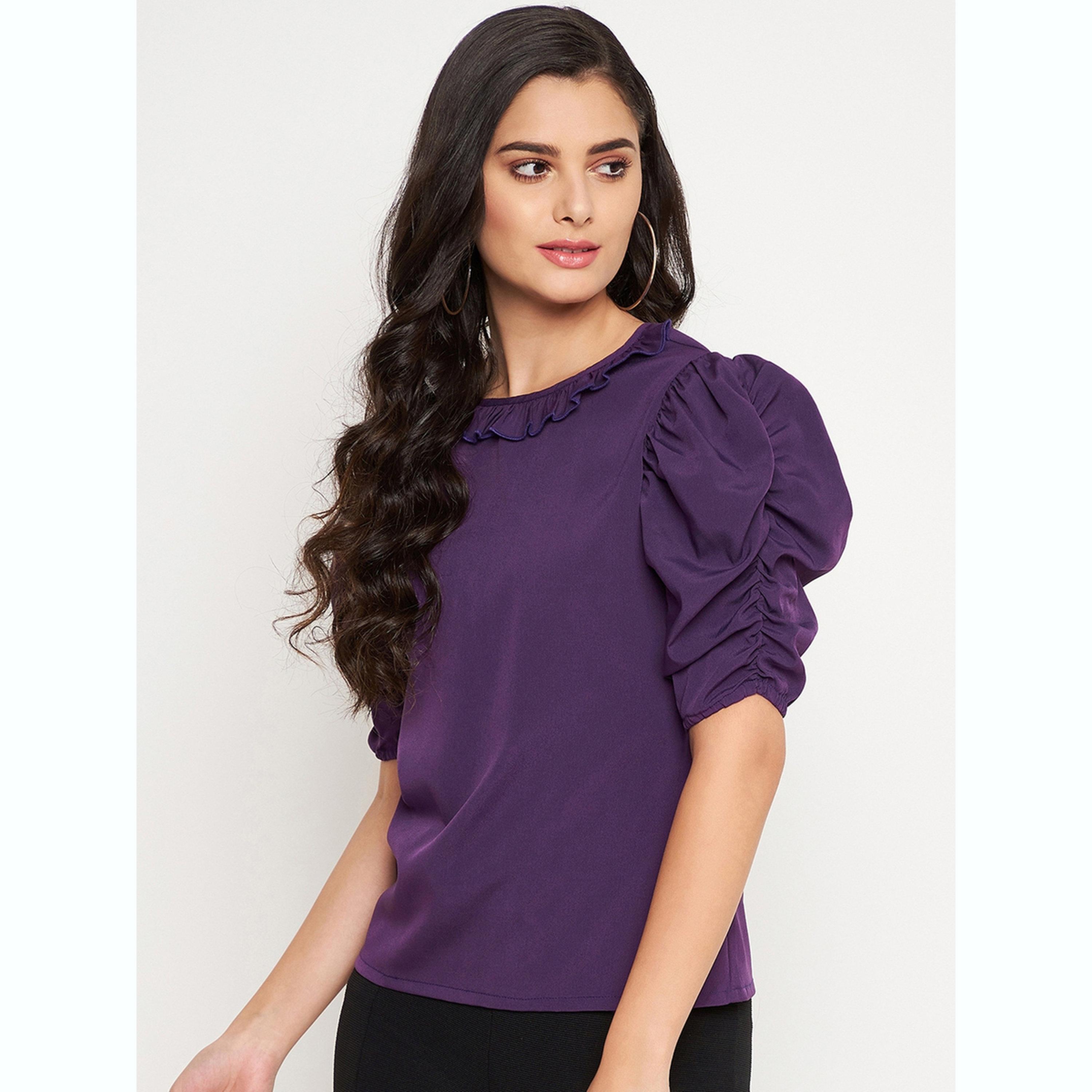 واين ريد × ستايلي - بلوزة بنفسجية اللون بياقة مكشكشة للنساء-women-clothing-shirtsandblouses-blouses-image-1