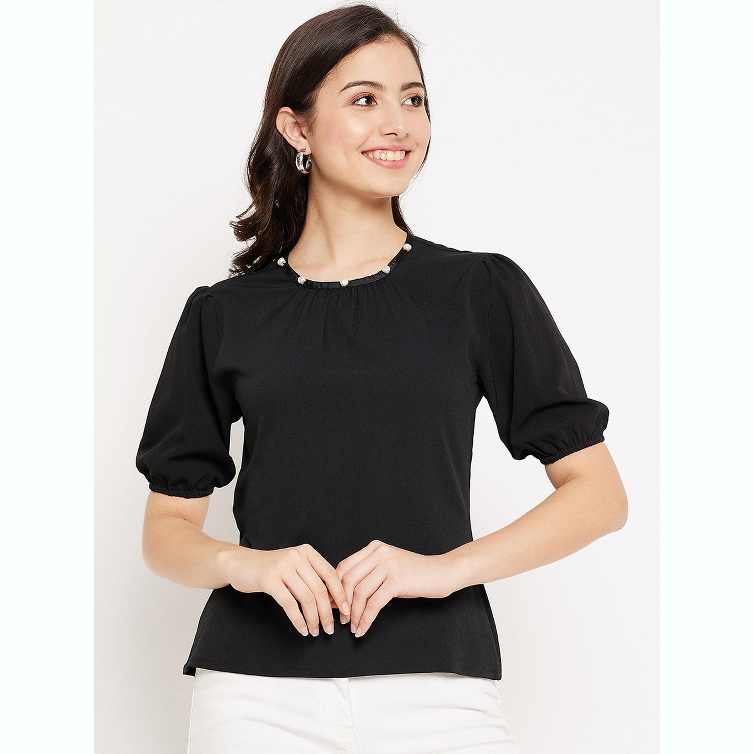 واين ريد × ستايلي - بلوزة سوداء بأكمام منفوخة للنساء-women-clothing-shirtsandblouses-blouses-image-1