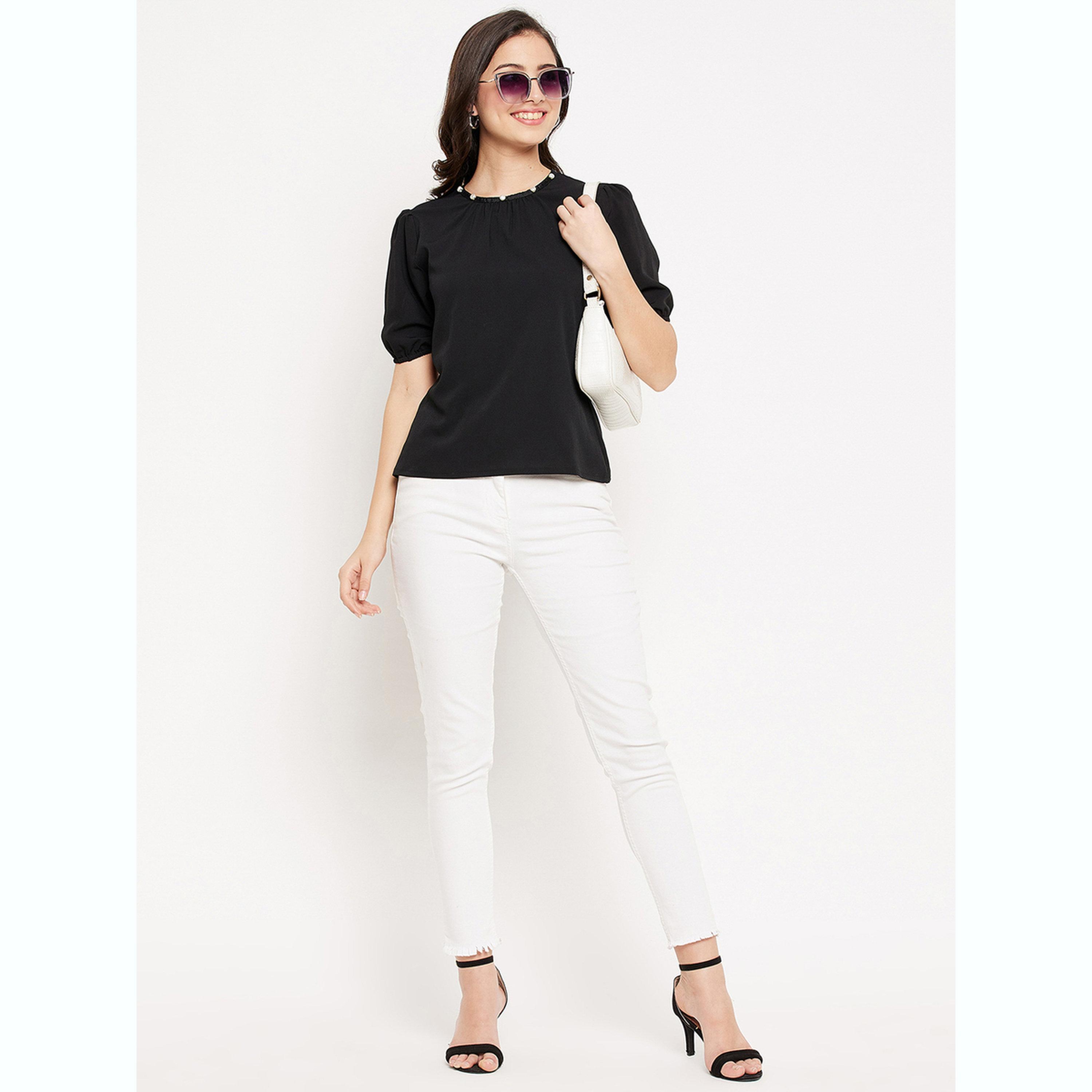 واين ريد × ستايلي - بلوزة سوداء بأكمام منفوخة للنساء-women-clothing-shirtsandblouses-blouses-image-2