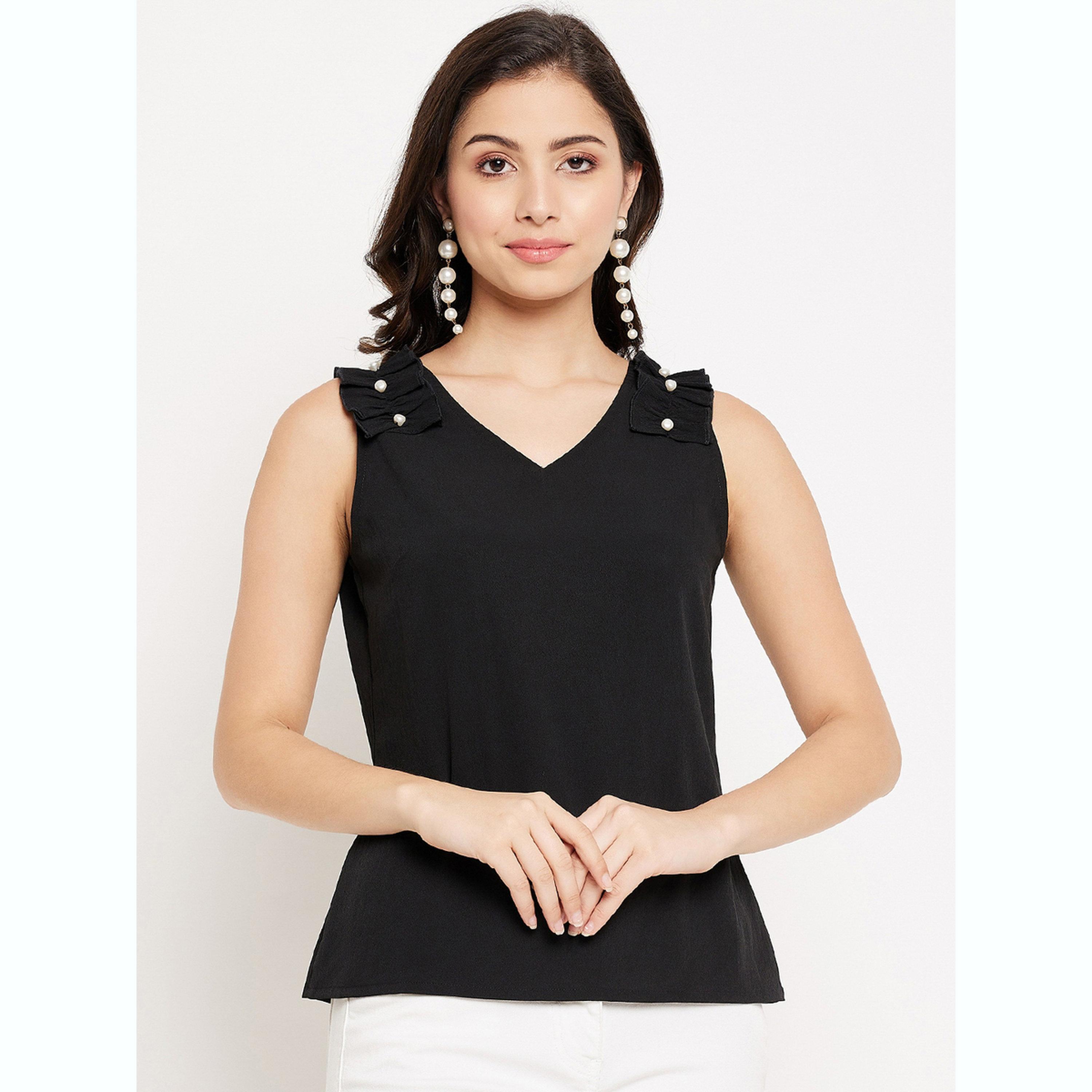واين ريد × ستايلي - بلوزة سوداء بدون أكمام بتفاصيل كشكشة للنساء-women-clothing-shirtsandblouses-blouses-image-1