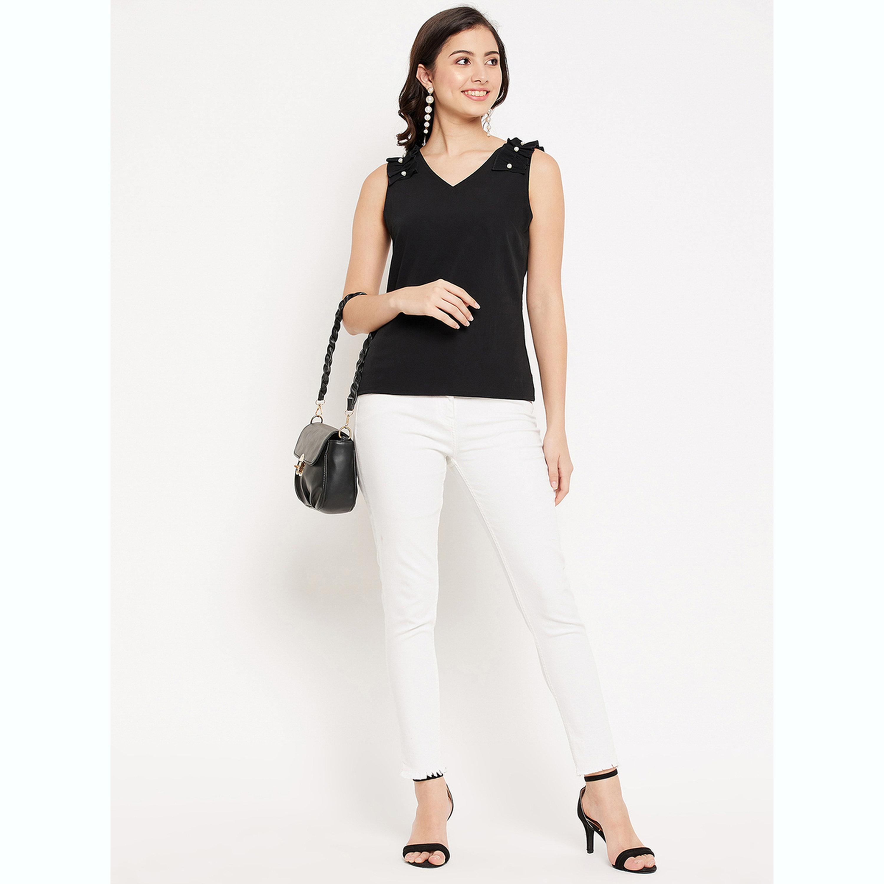 واين ريد × ستايلي - بلوزة سوداء بدون أكمام بتفاصيل كشكشة للنساء-women-clothing-shirtsandblouses-blouses-image-2