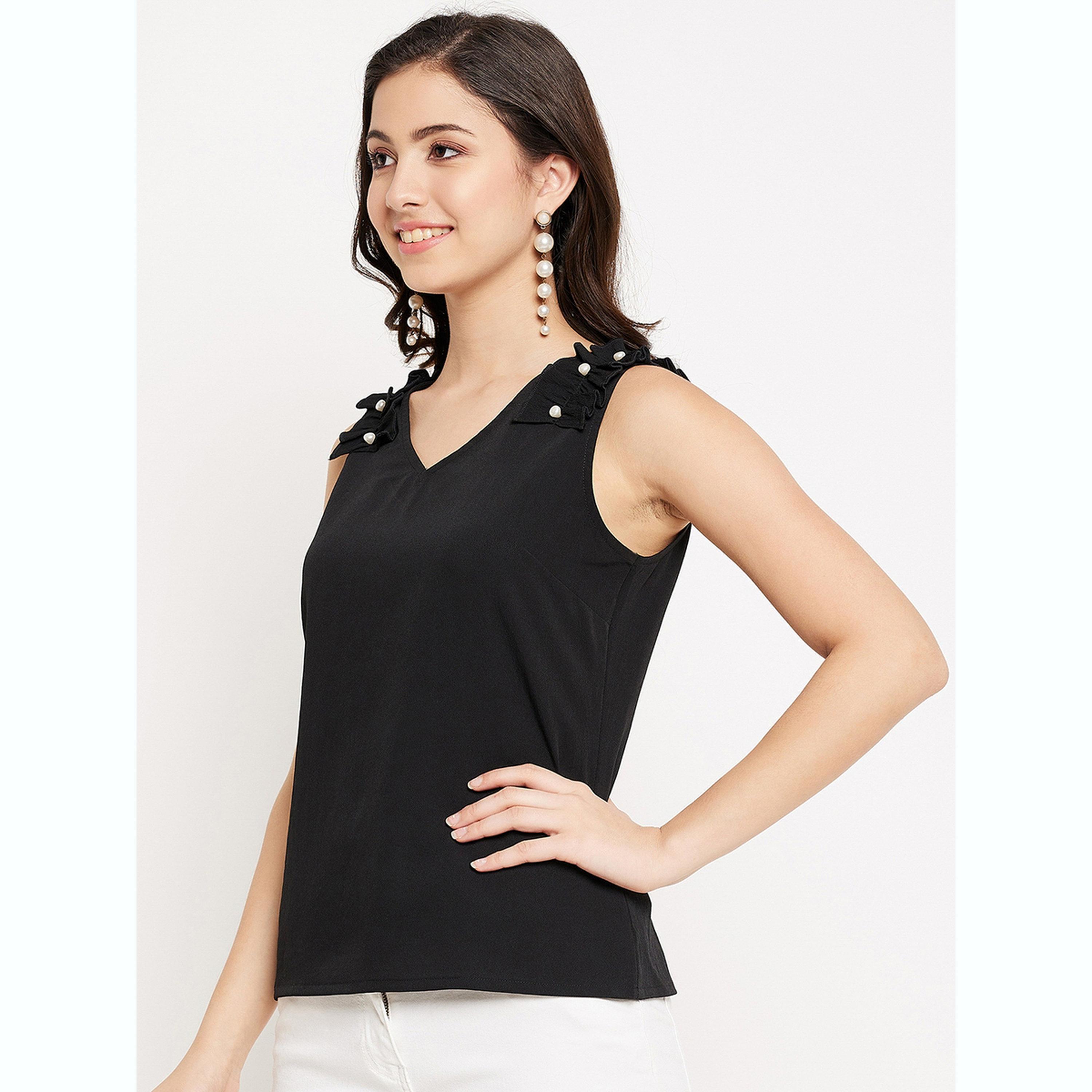 واين ريد × ستايلي - بلوزة سوداء بدون أكمام بتفاصيل كشكشة للنساء-women-clothing-shirtsandblouses-blouses-image-3