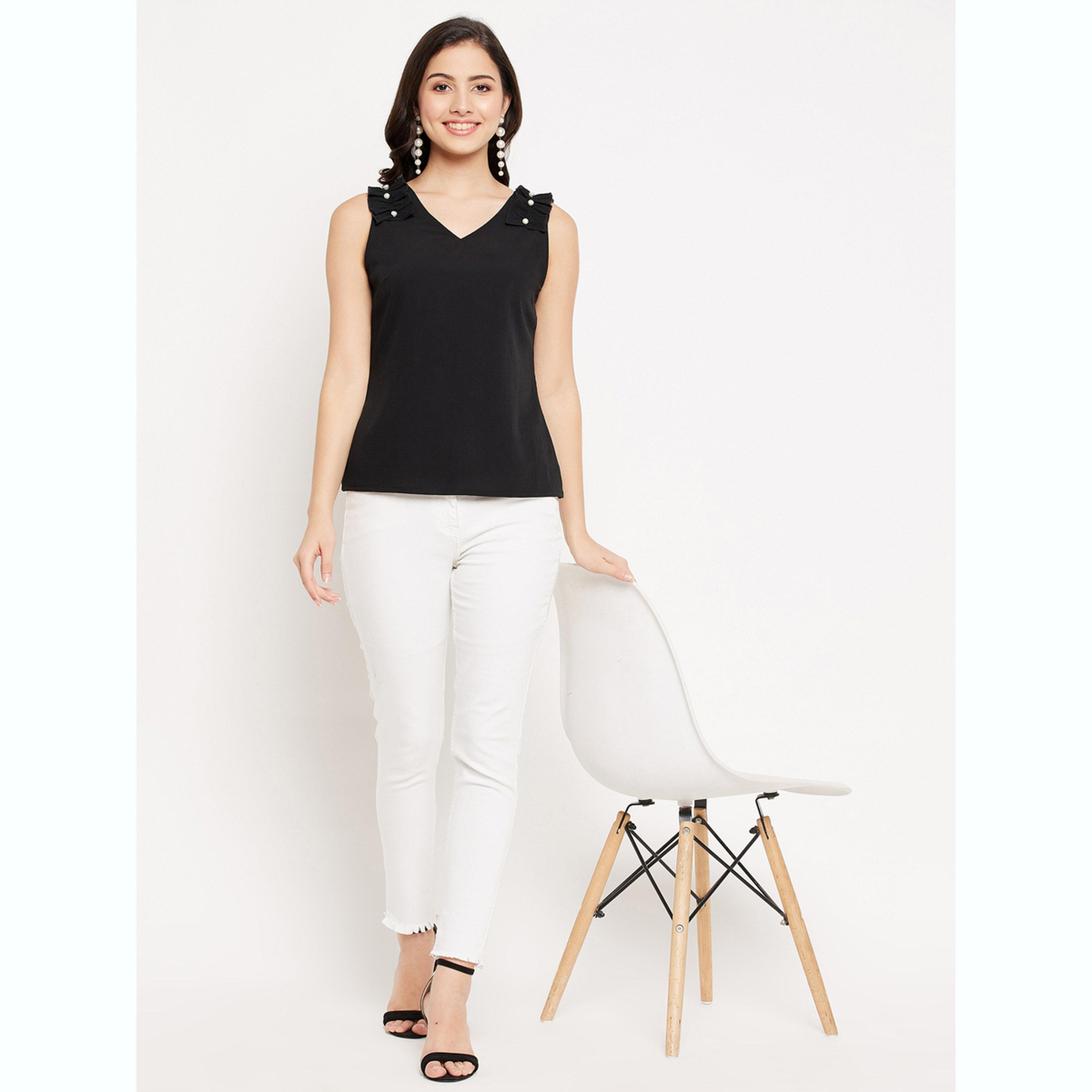 واين ريد × ستايلي - بلوزة سوداء بدون أكمام بتفاصيل كشكشة للنساء-women-clothing-shirtsandblouses-blouses-image-5