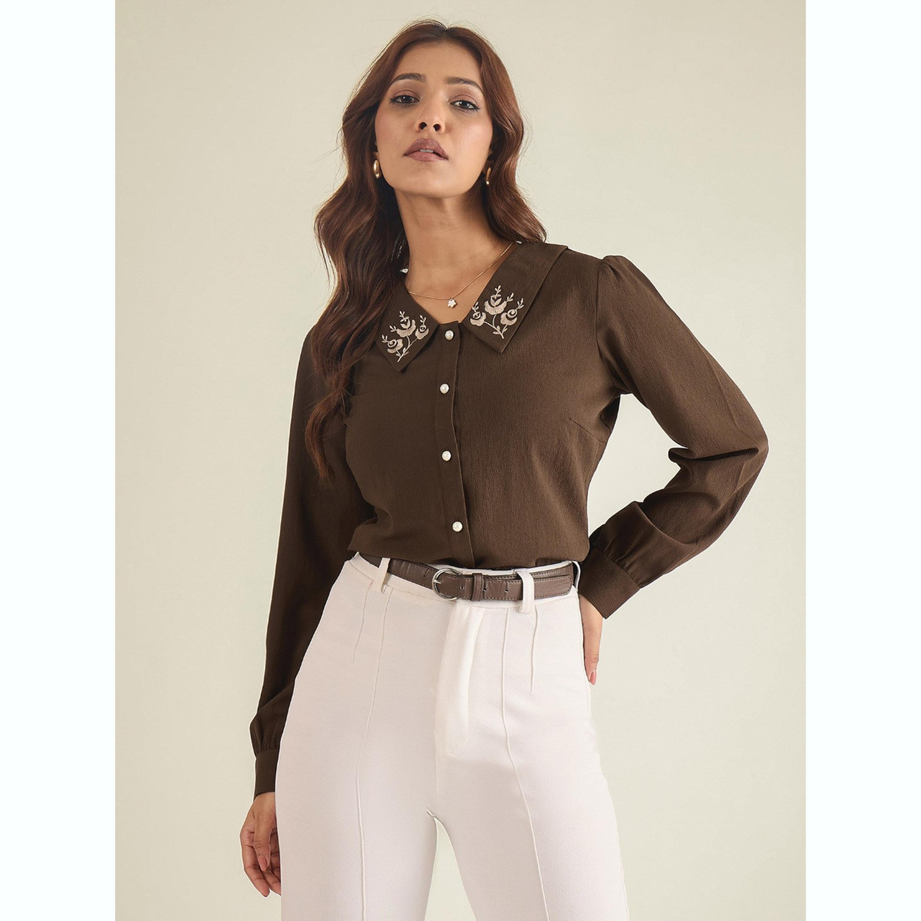 واين ريد × ستايلي - قميص بني مطرز بياقة للنساء-women-clothing-shirtsandblouses-shirts-image-1