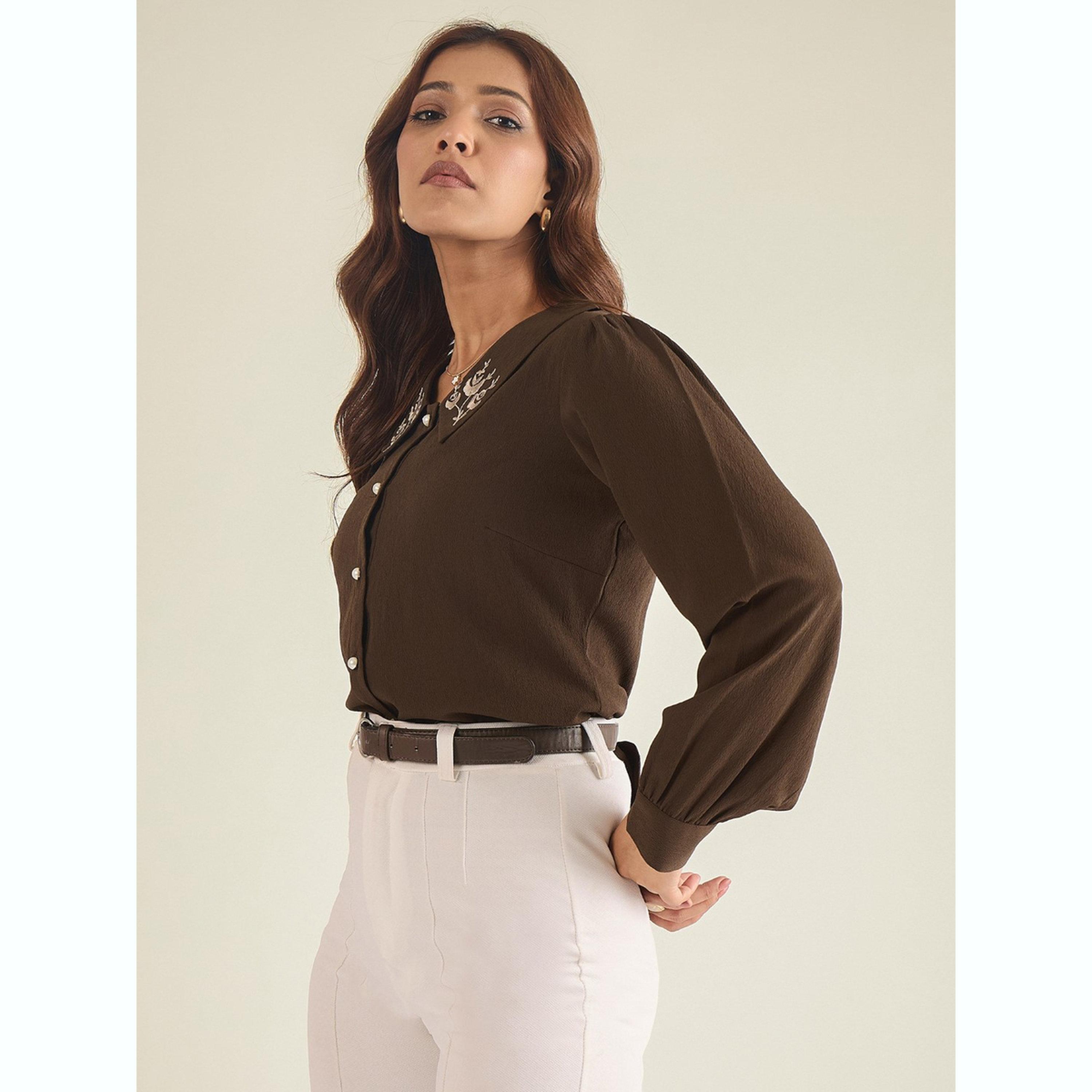 واين ريد × ستايلي - قميص بني مطرز بياقة للنساء-women-clothing-shirtsandblouses-shirts-image-3