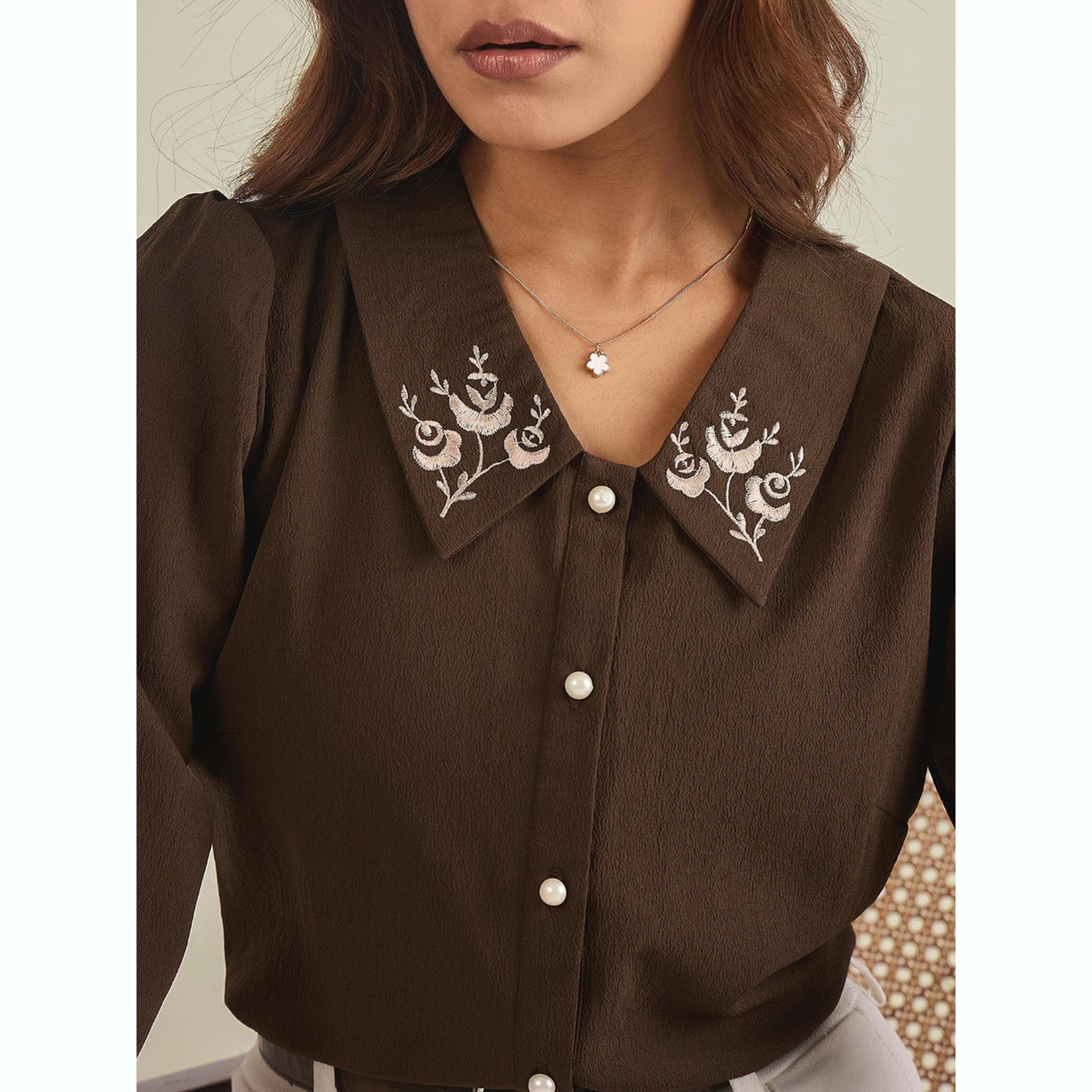 واين ريد × ستايلي - قميص بني مطرز بياقة للنساء-women-clothing-shirtsandblouses-shirts-image-6