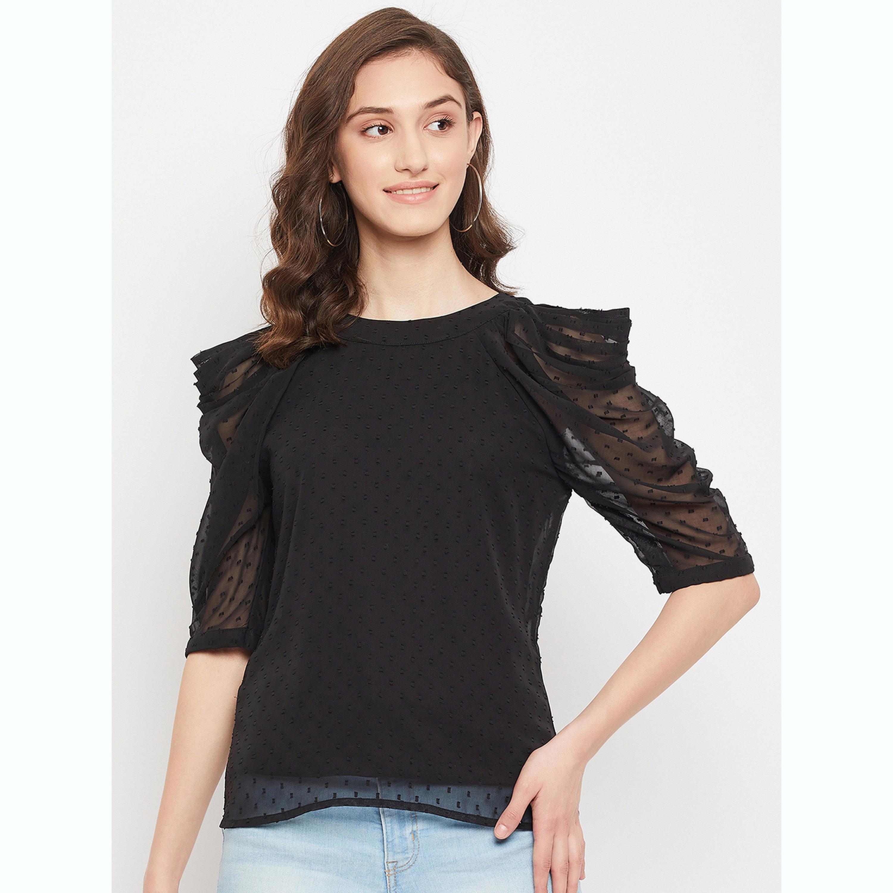 واين ريد × ستايلي - بلوزة سوداء بأكمام منفوخة من قماش شبكي للنساء-women-clothing-shirtsandblouses-blouses-image-1