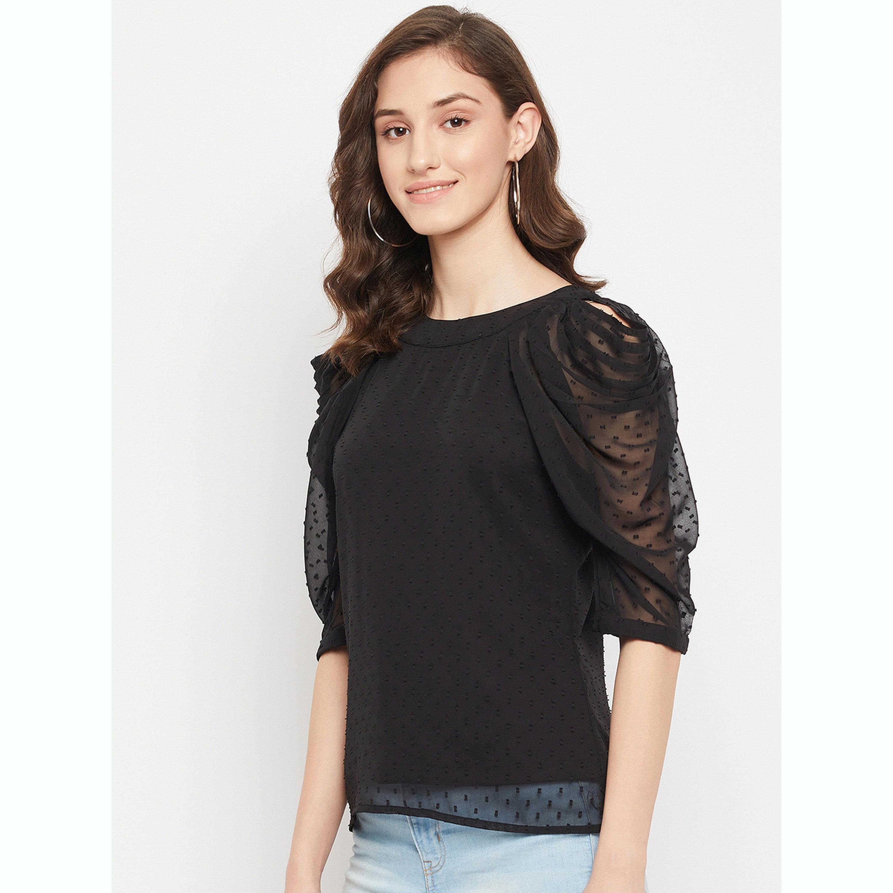 واين ريد × ستايلي - بلوزة سوداء بأكمام منفوخة من قماش شبكي للنساء-women-clothing-shirtsandblouses-blouses-image-2