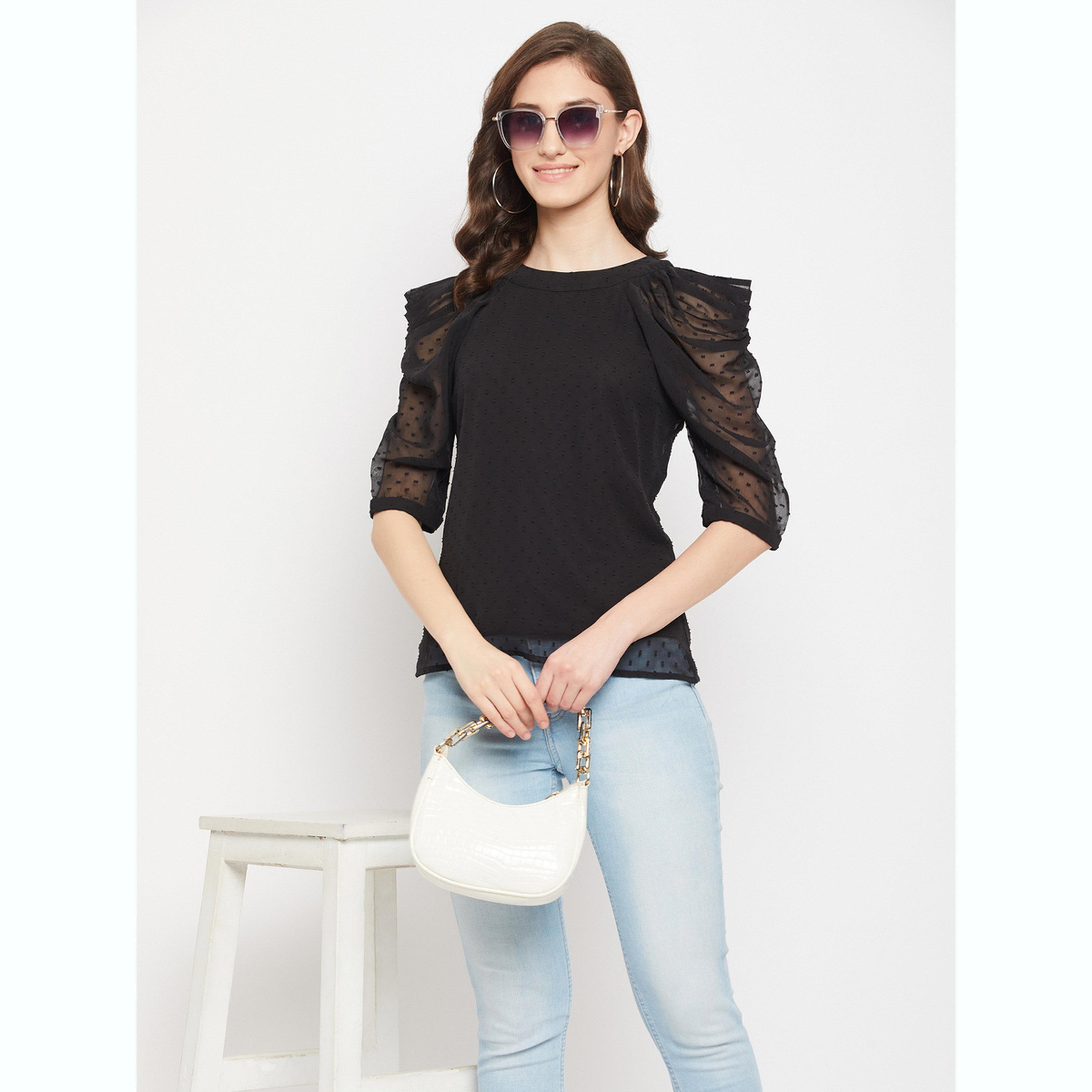 واين ريد × ستايلي - بلوزة سوداء بأكمام منفوخة من قماش شبكي للنساء-women-clothing-shirtsandblouses-blouses-image-3