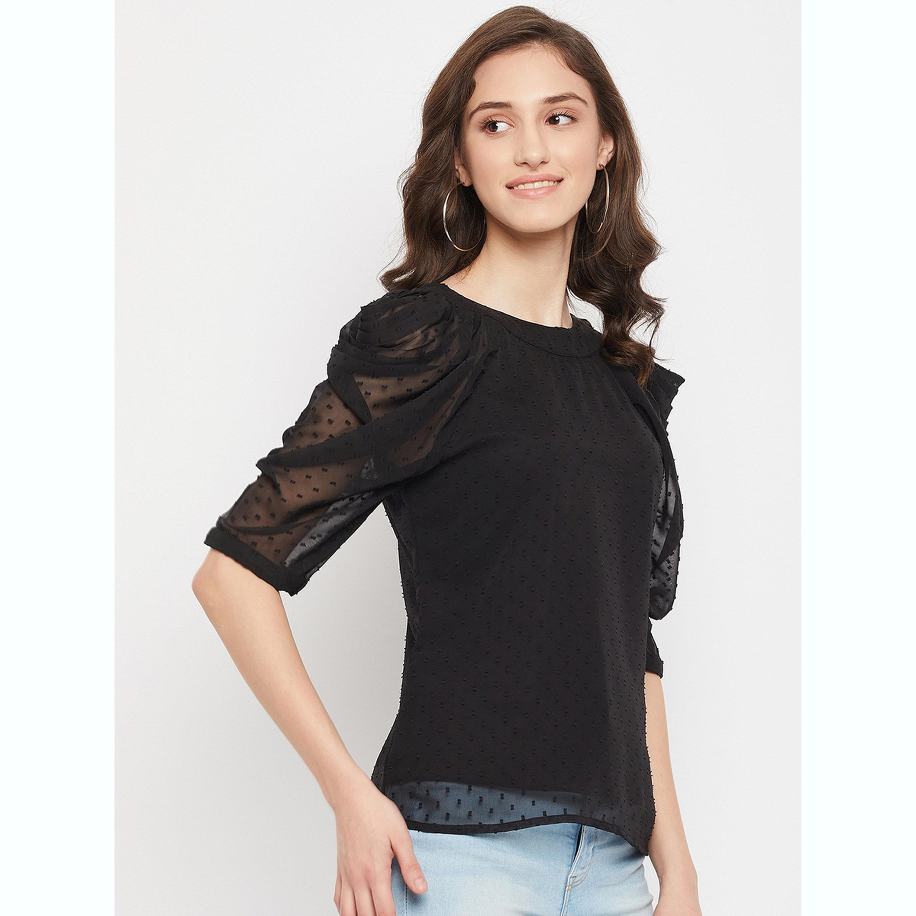 واين ريد × ستايلي - بلوزة سوداء بأكمام منفوخة من قماش شبكي للنساء-women-clothing-shirtsandblouses-blouses-image-4
