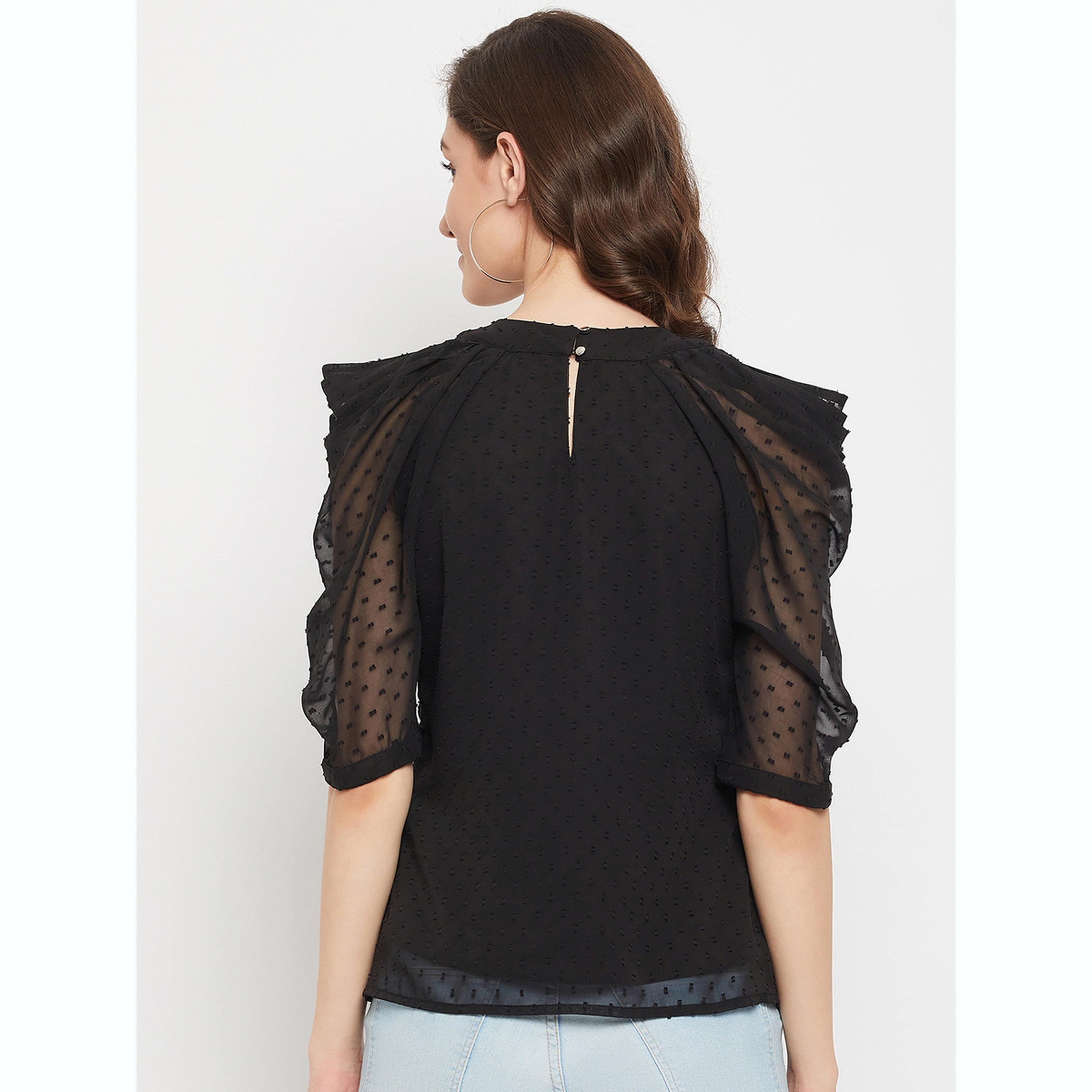 واين ريد × ستايلي - بلوزة سوداء بأكمام منفوخة من قماش شبكي للنساء-women-clothing-shirtsandblouses-blouses-image-5