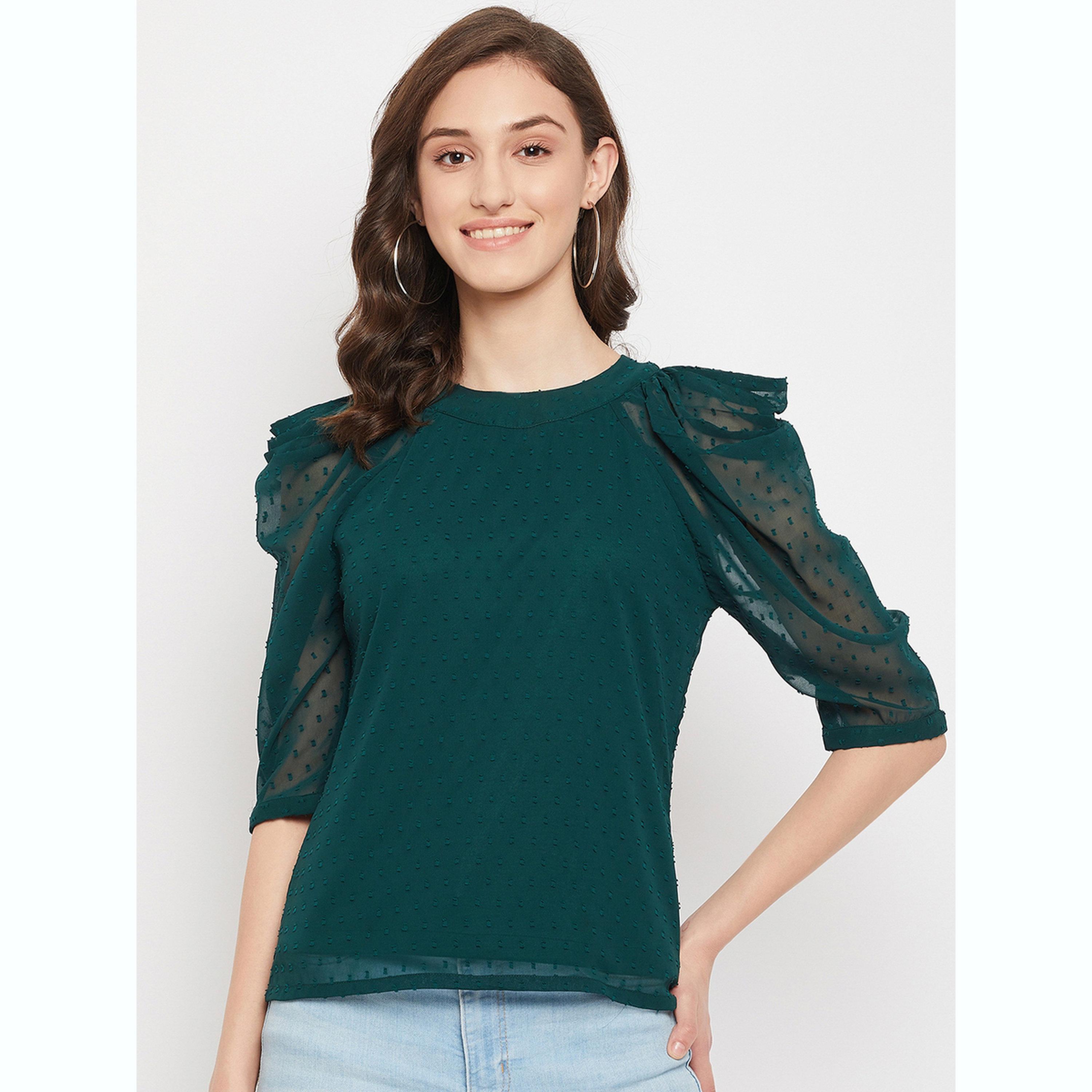 واين ريد × ستايلي - بلوزة خضراء بأكمام منفوخة من قماش شبكي للنساء-women-clothing-shirtsandblouses-blouses-image-1