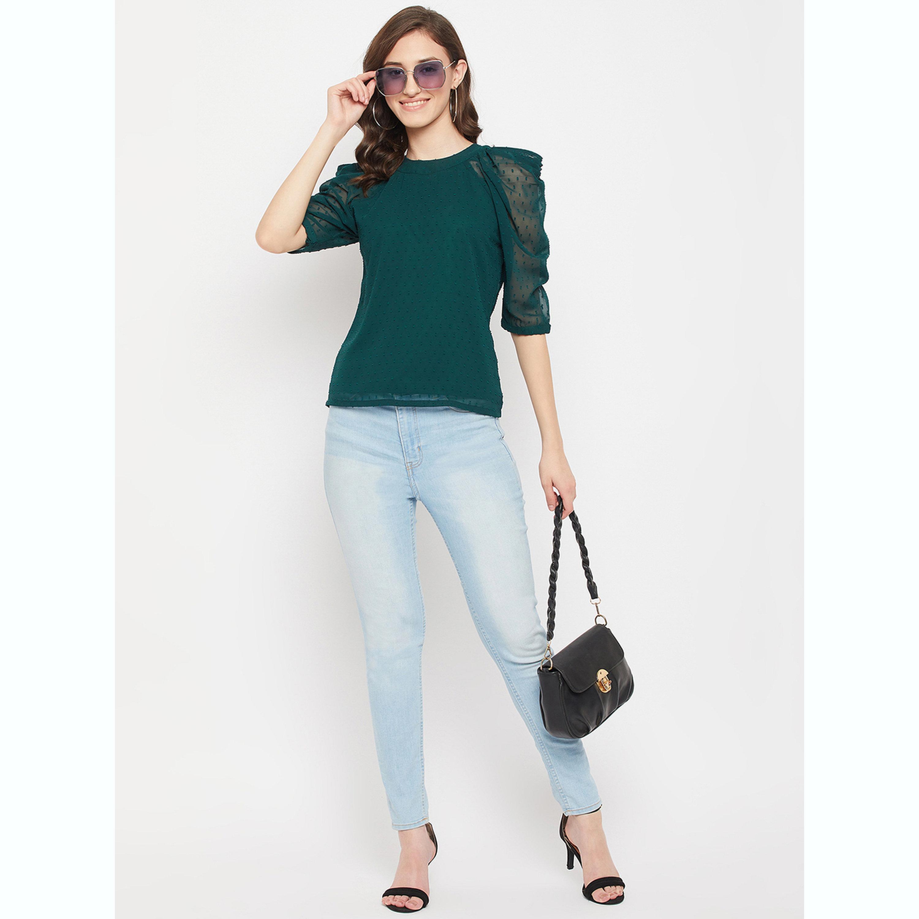 واين ريد × ستايلي - بلوزة خضراء بأكمام منفوخة من قماش شبكي للنساء-women-clothing-shirtsandblouses-blouses-image-2