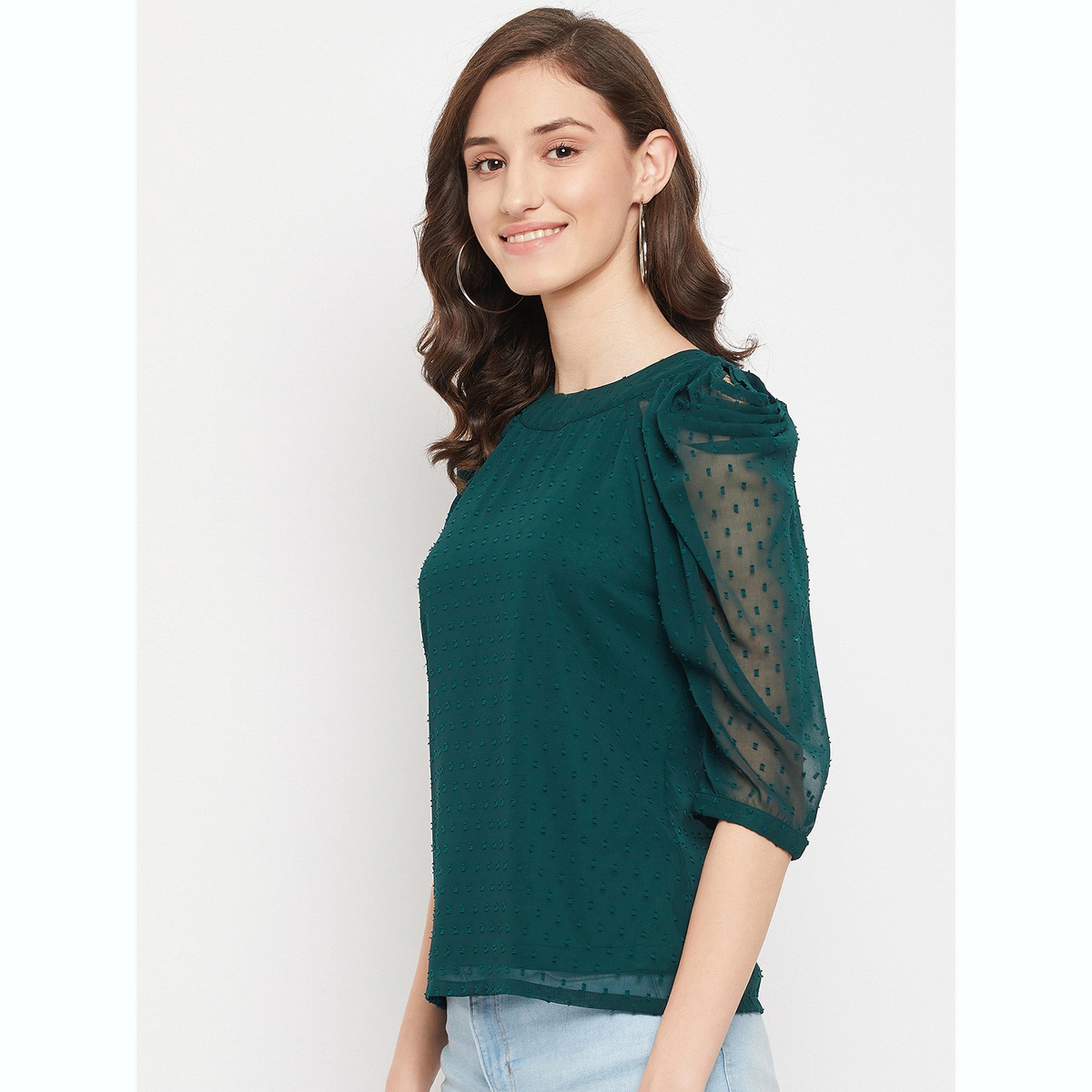 واين ريد × ستايلي - بلوزة خضراء بأكمام منفوخة من قماش شبكي للنساء-women-clothing-shirtsandblouses-blouses-image-3