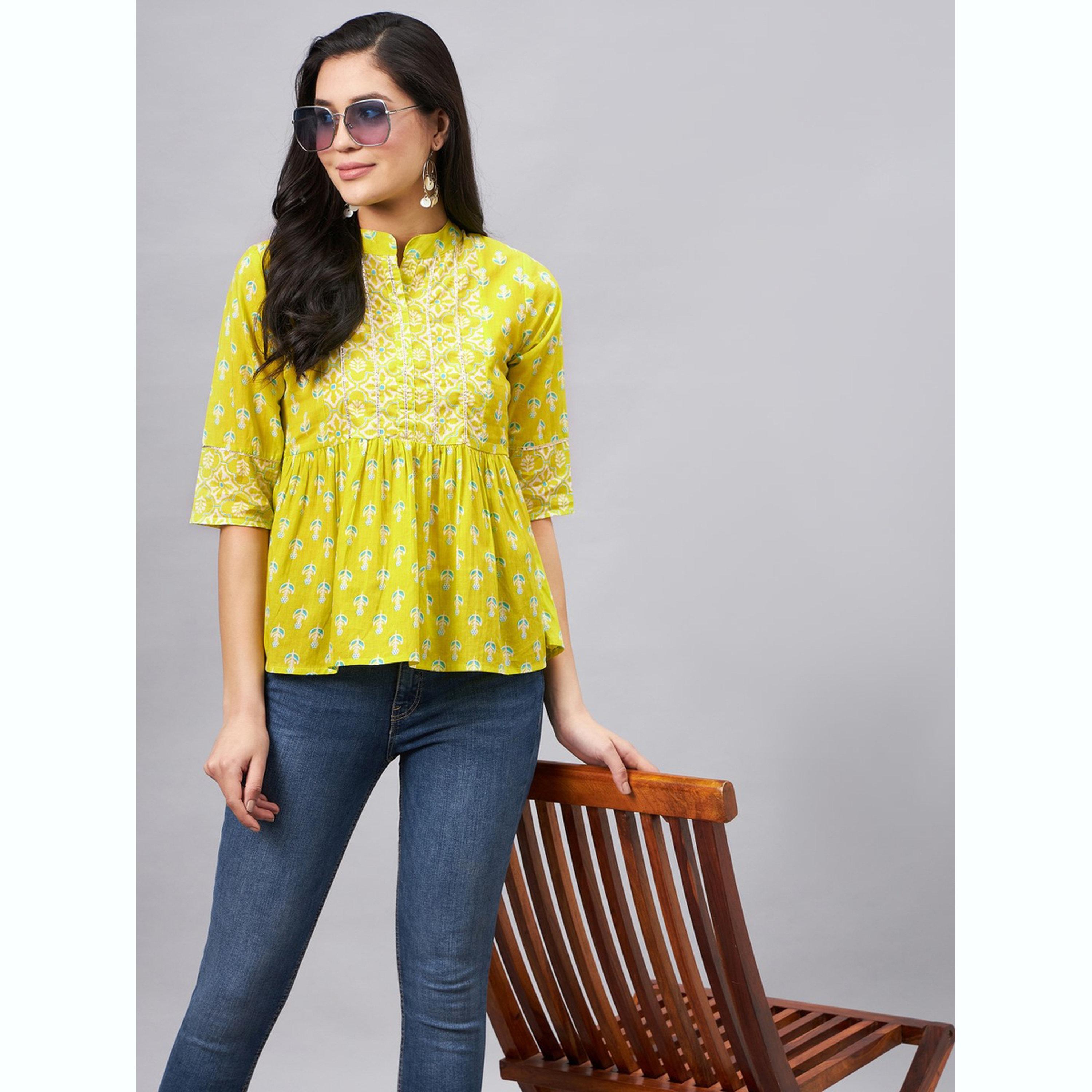 واين ريد × ستايلي - بلوزة مطبوعة باللون الأخضر الليموني بأكمام ثلاثة أرباع للنساء-women-clothing-shirtsandblouses-blouses-image-3