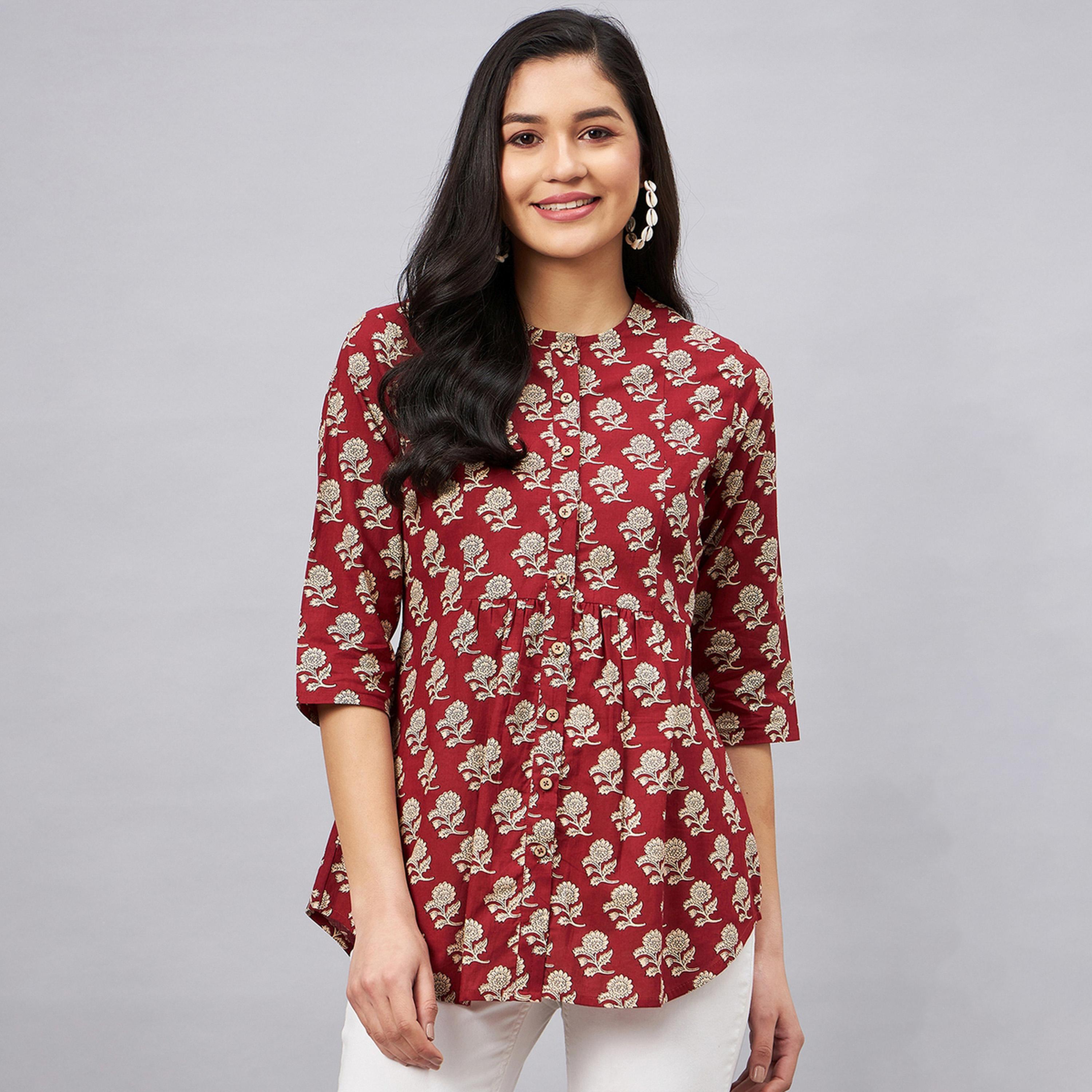 واين ريد × ستايلي - بلوزة بلون خمري مزينة بطبعة زهور وأكمام ثلاثة أرباع للنساء-women-clothing-shirtsandblouses-blouses-image-1