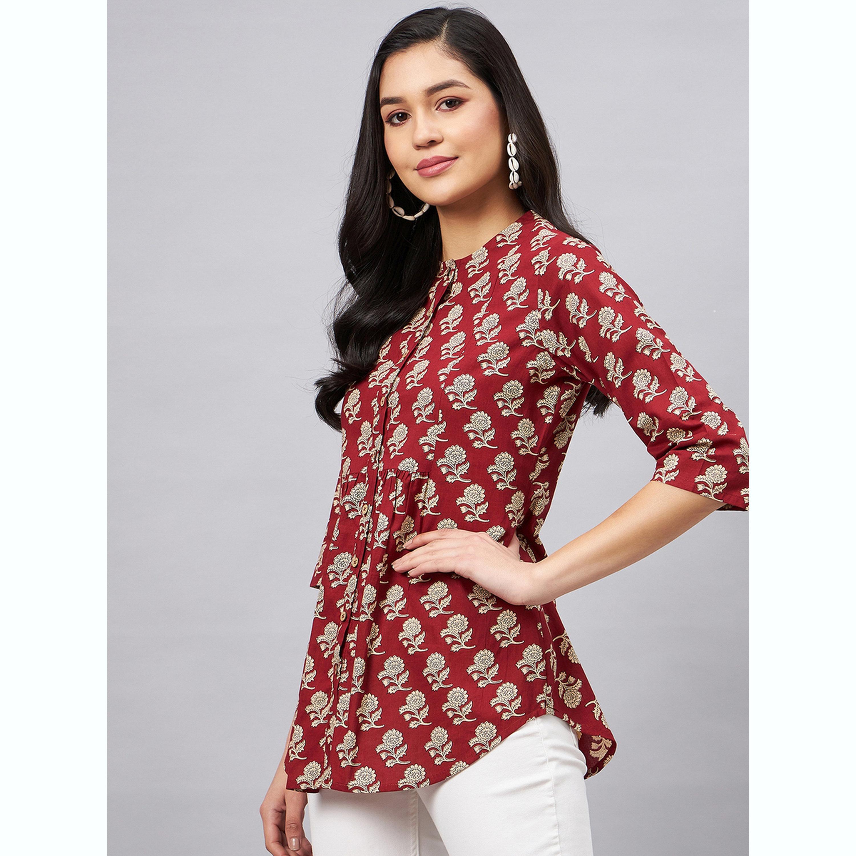واين ريد × ستايلي - بلوزة بلون خمري مزينة بطبعة زهور وأكمام ثلاثة أرباع للنساء-women-clothing-shirtsandblouses-blouses-image-2