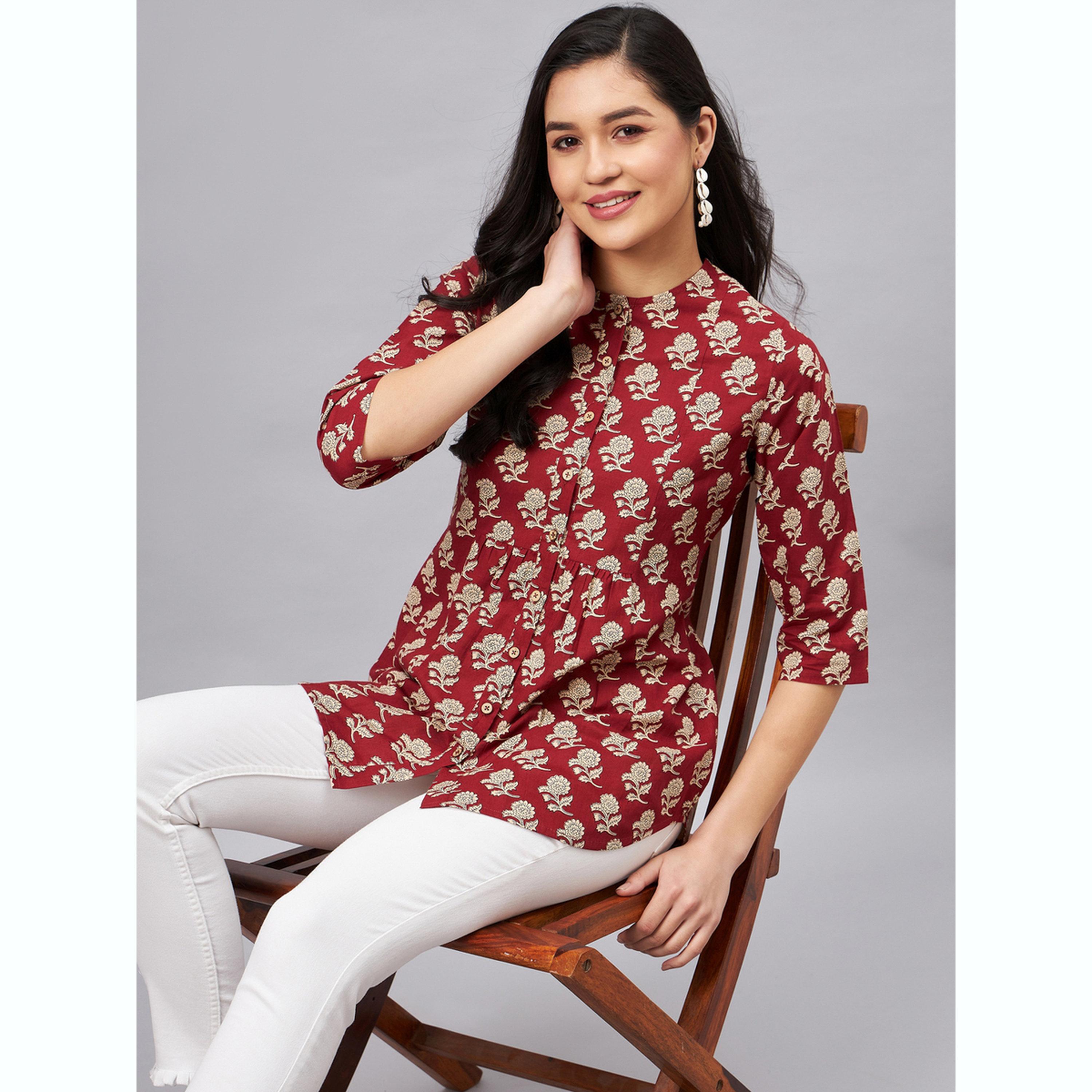 واين ريد × ستايلي - بلوزة بلون خمري مزينة بطبعة زهور وأكمام ثلاثة أرباع للنساء-women-clothing-shirtsandblouses-blouses-image-3