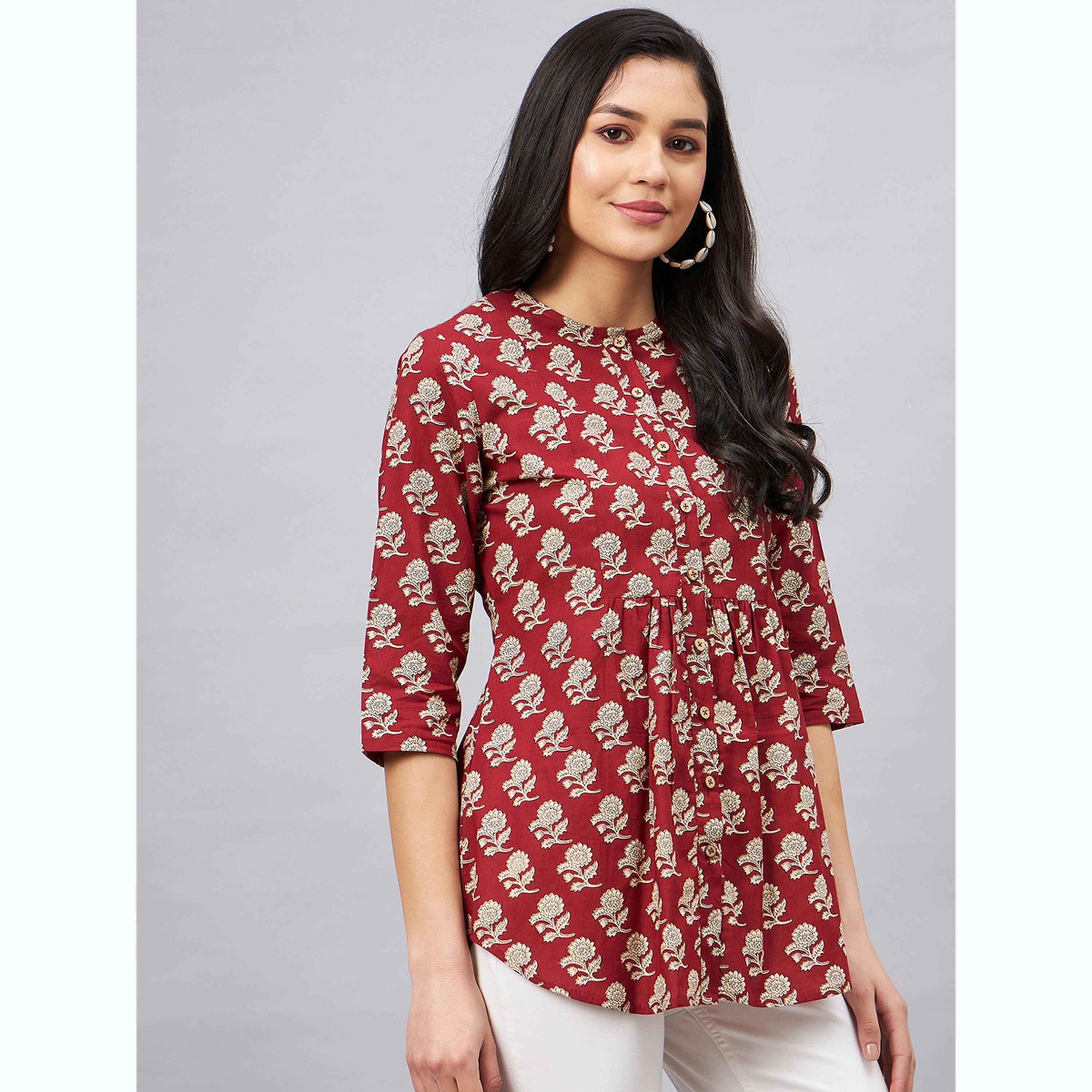 واين ريد × ستايلي - بلوزة بلون خمري مزينة بطبعة زهور وأكمام ثلاثة أرباع للنساء-women-clothing-shirtsandblouses-blouses-image-4
