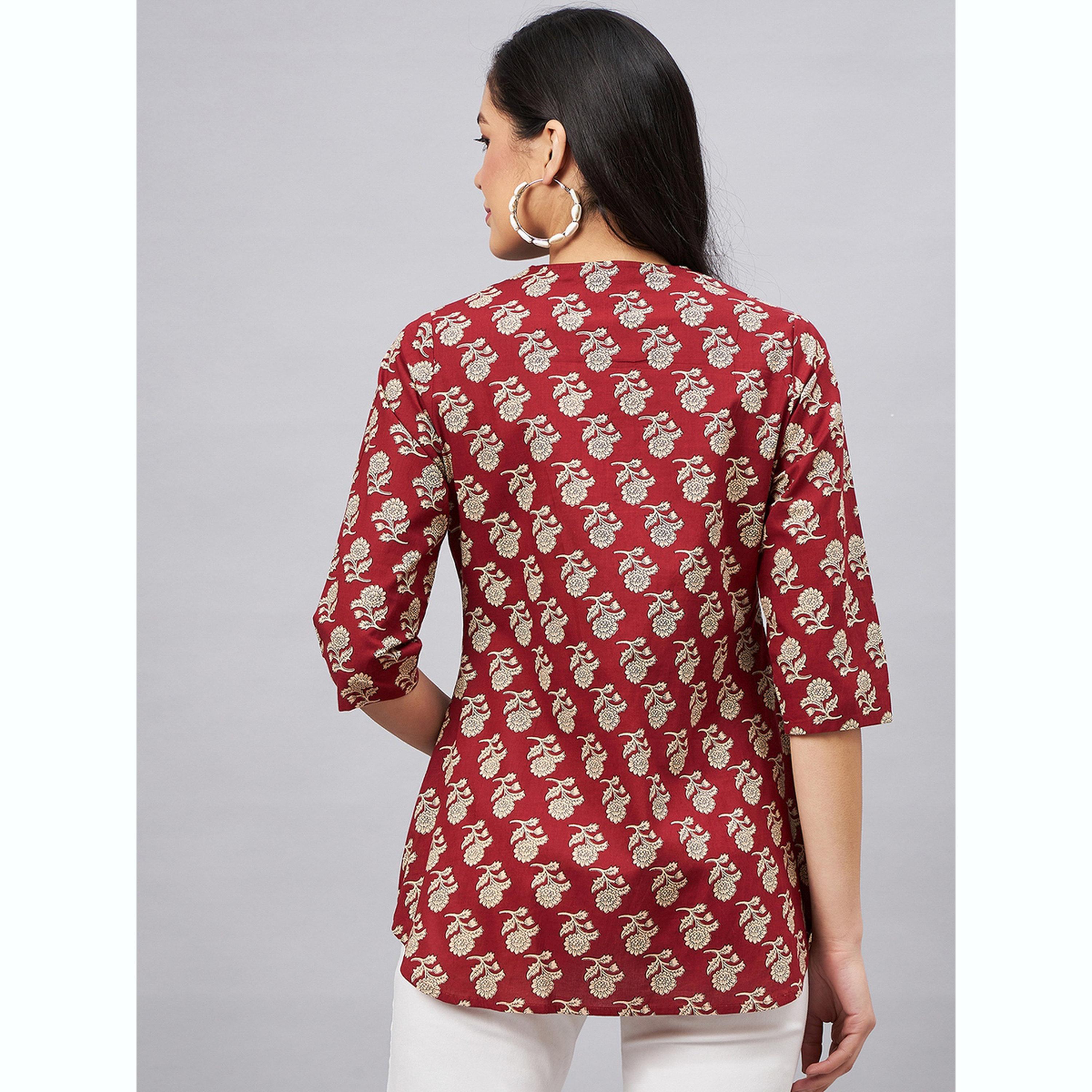 واين ريد × ستايلي - بلوزة بلون خمري مزينة بطبعة زهور وأكمام ثلاثة أرباع للنساء-women-clothing-shirtsandblouses-blouses-image-5