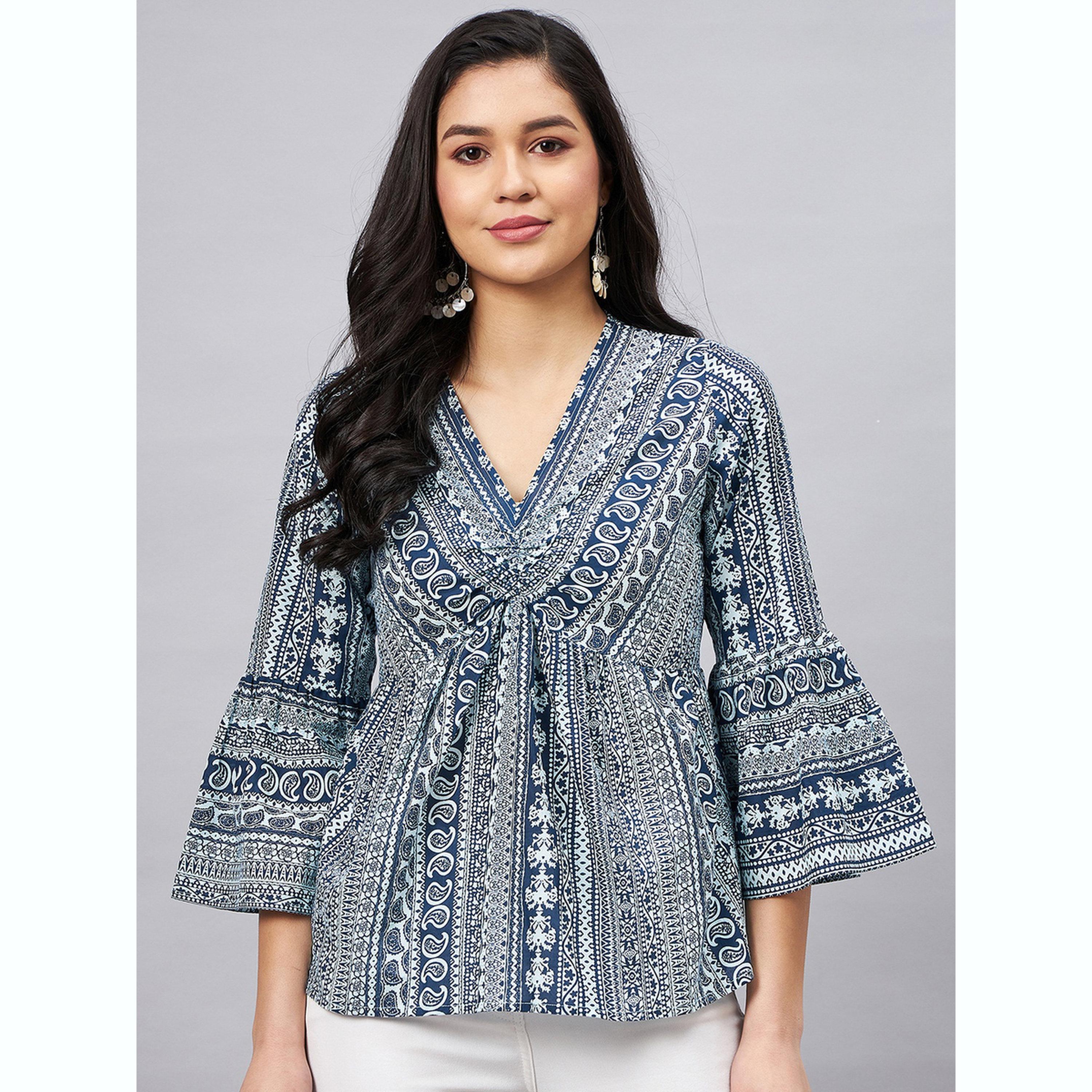 واين ريد × ستايلي - بلوزة زرقاء داكنة بنقشة بيزلي وأكمام ثلاثة أرباع للنساء-women-clothing-shirtsandblouses-blouses-image-1