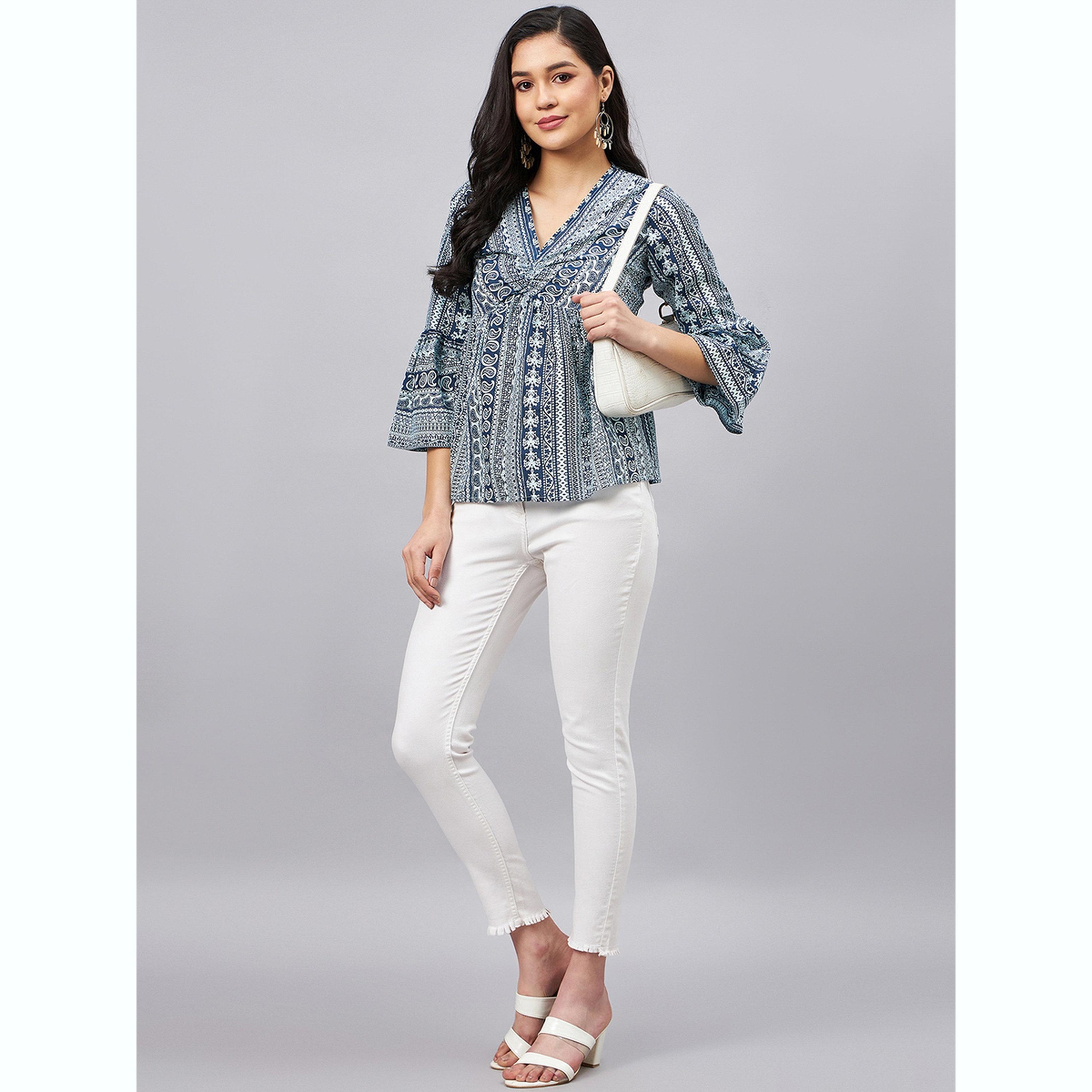 واين ريد × ستايلي - بلوزة زرقاء داكنة بنقشة بيزلي وأكمام ثلاثة أرباع للنساء-women-clothing-shirtsandblouses-blouses-image-2