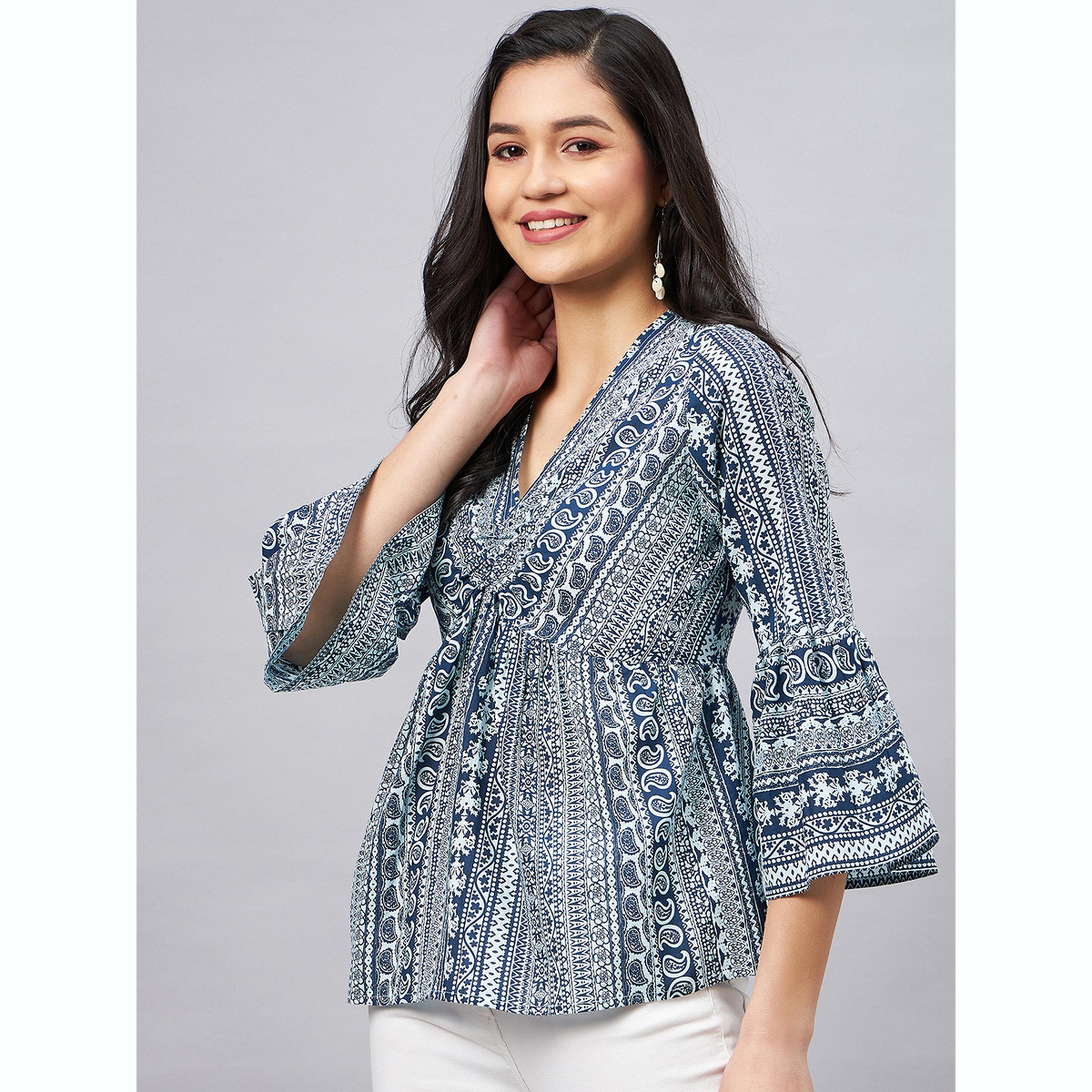 واين ريد × ستايلي - بلوزة زرقاء داكنة بنقشة بيزلي وأكمام ثلاثة أرباع للنساء-women-clothing-shirtsandblouses-blouses-image-3