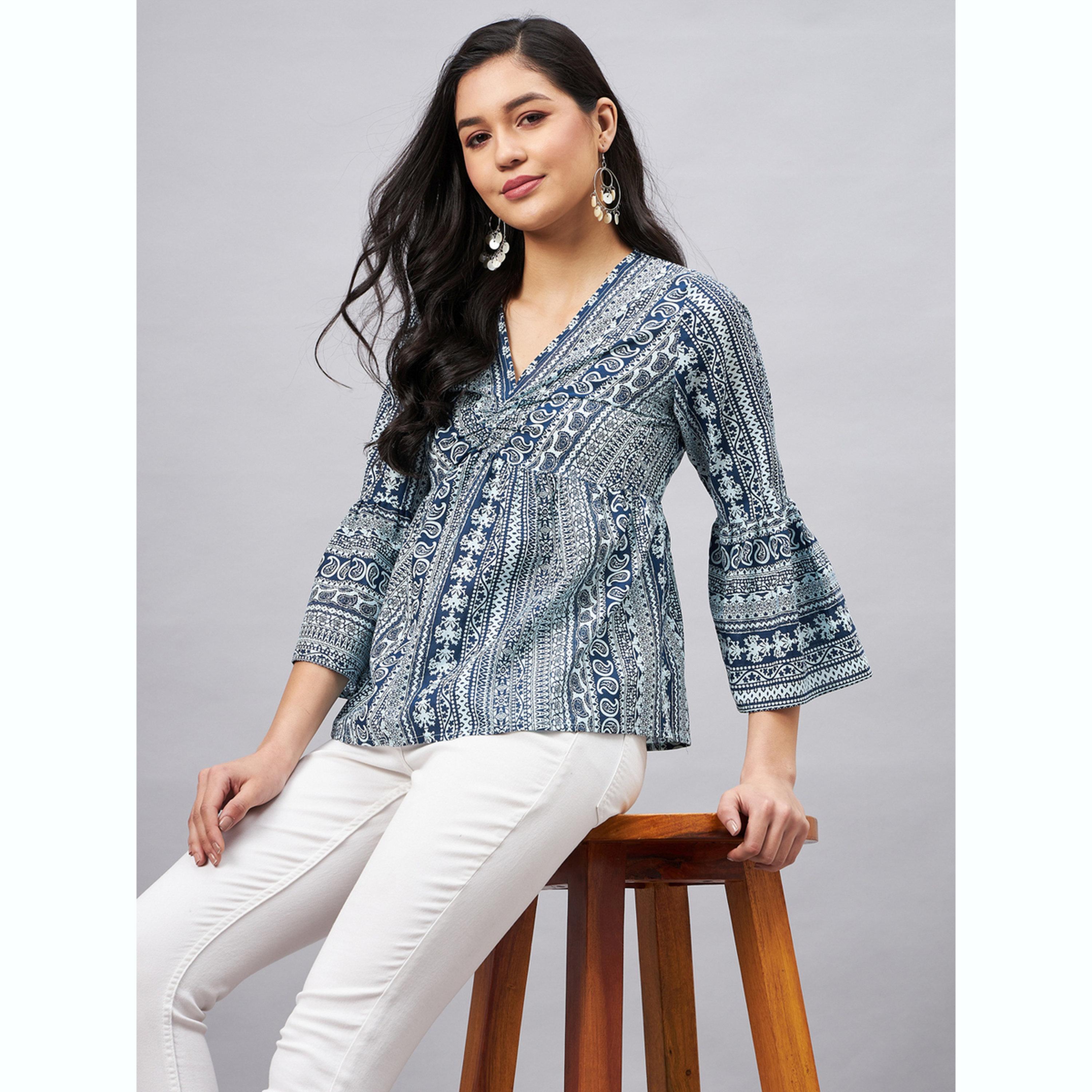واين ريد × ستايلي - بلوزة زرقاء داكنة بنقشة بيزلي وأكمام ثلاثة أرباع للنساء-women-clothing-shirtsandblouses-blouses-image-4