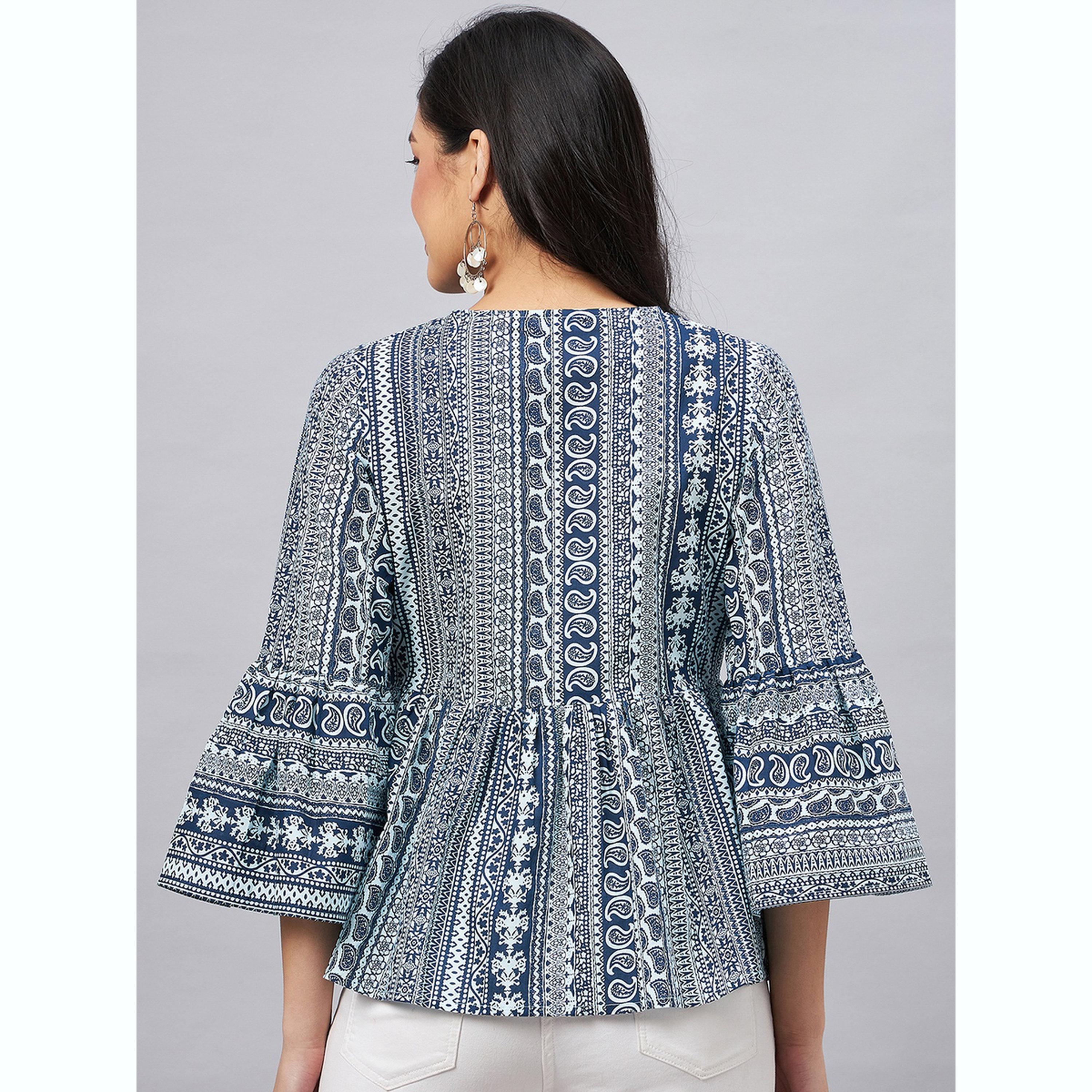واين ريد × ستايلي - بلوزة زرقاء داكنة بنقشة بيزلي وأكمام ثلاثة أرباع للنساء-women-clothing-shirtsandblouses-blouses-image-5